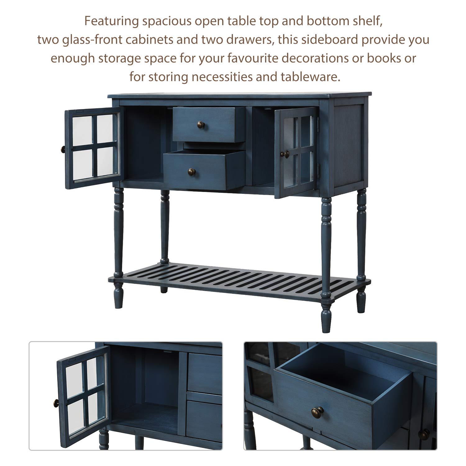 Baysitone Wood Console Sofa Table with Storage Drawers & Bottom Shelf - Buffet Sideboard Cabinet for Kitchen, Entryway, Living Room - Dark Navy - Perfect for Small Space Organization & Home Decor
