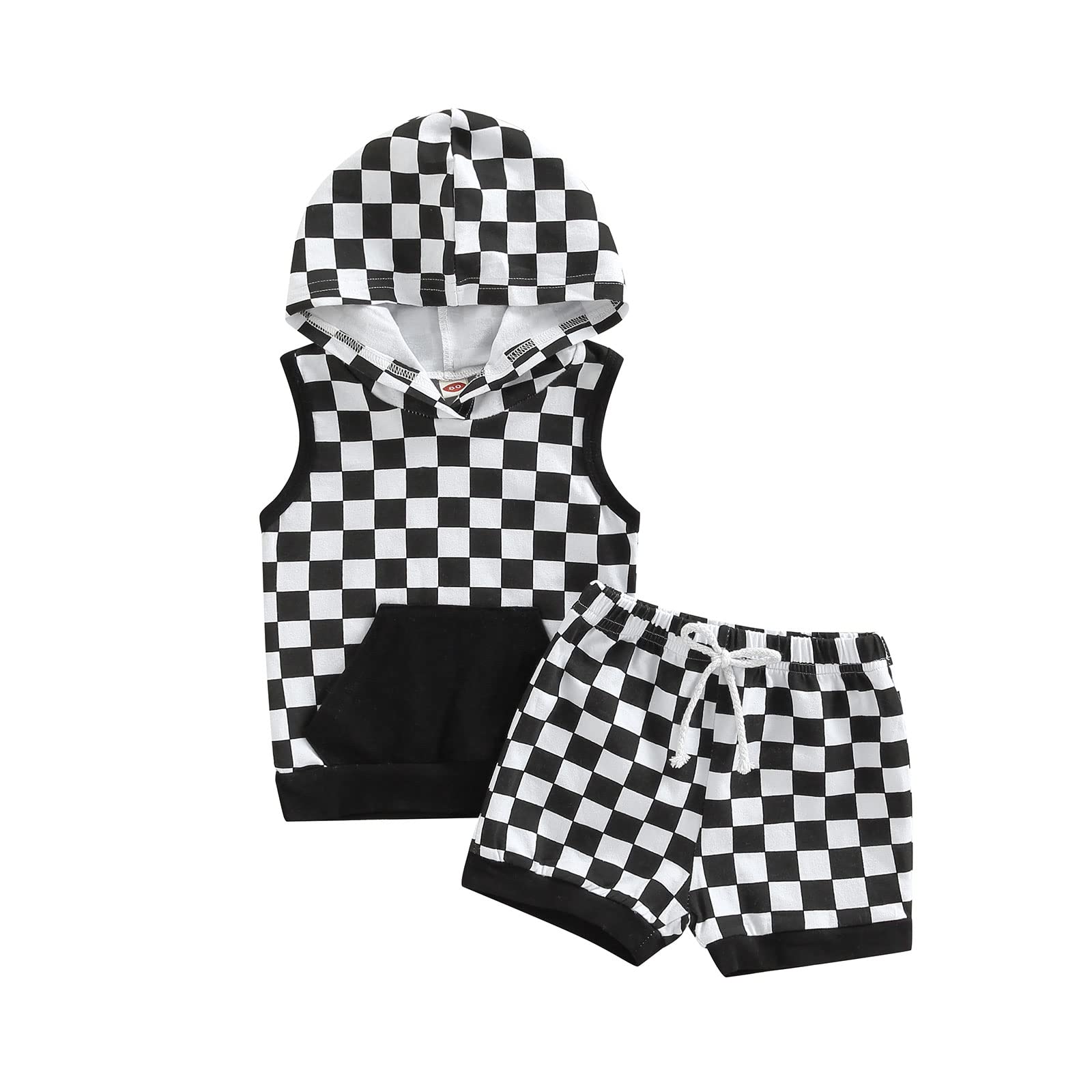 Stylish Toddler Boys' Checkerboard Plaid Hooded Tank Top & Elastic Waist Shorts Set - Perfect for Summer Playdates & Outdoor Adventures