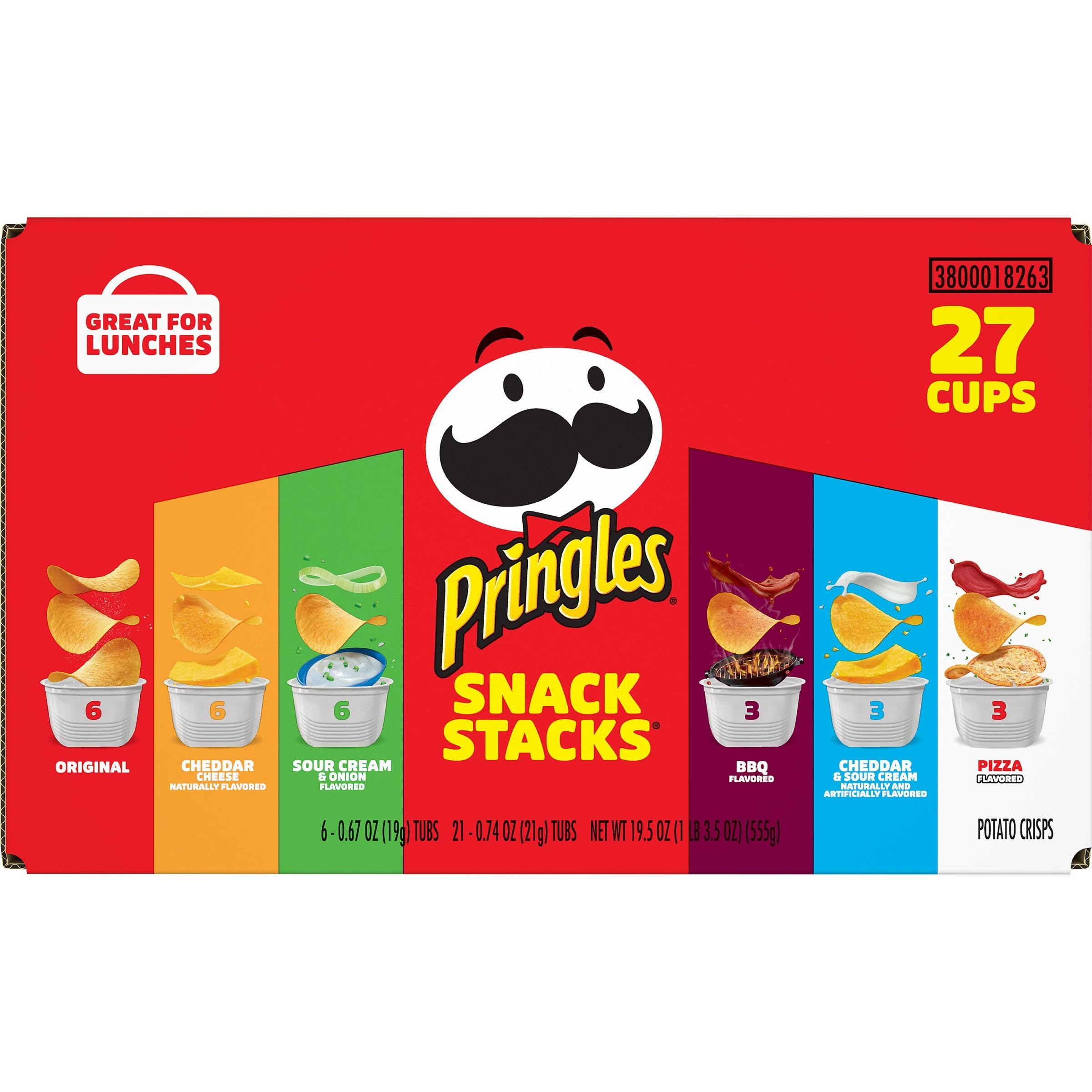 Pringles Potato Crisps Variety Pack (27 Cups) - Original, Sour Cream & Onion, BBQ - Perfect for Lunch, Office, Kids Snacks & Party Food - Crunchy & Delicious Snack Stacks for Any Occasion
