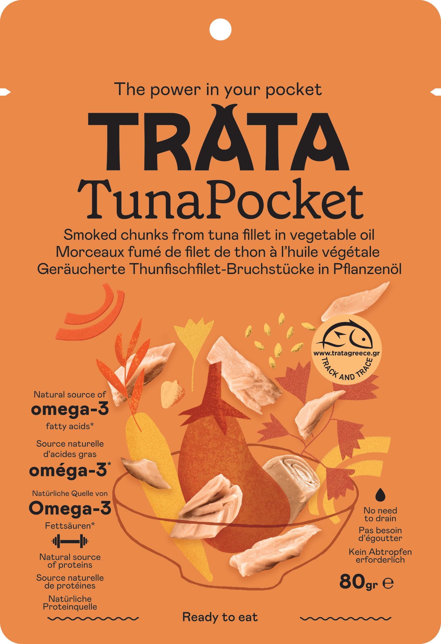 Premium Smoked Tuna Chunks in Vegetable Oil - No Drain Needed | High Protein Canned Tuna | Ready-to-Eat for Salads, Sandwiches & Keto Meals | TRATA Tuna Pocket