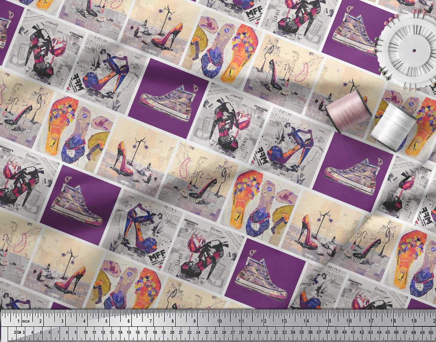 Soimoi Rayon Purple Fabric by The Yard - 56 Inch Wide Printed Fabric for DIY Slippers, Shoes & High Heels - Fashionable Footwear-Inspired Patchwork Glam Fabric - Perfect for Sewing Projects, Costumes & Home Decor