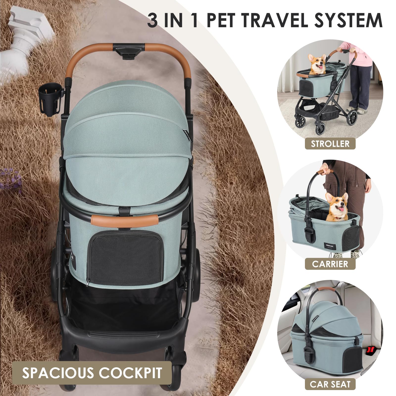 Premium T6 Foldable Pet Stroller for Medium Dogs Up to 66lbs or 2 Small Pets - Detachable Carrier, Lightweight & Durable (Green) | Perfect for Park Walks, Vet Visits & Shopping Trips
