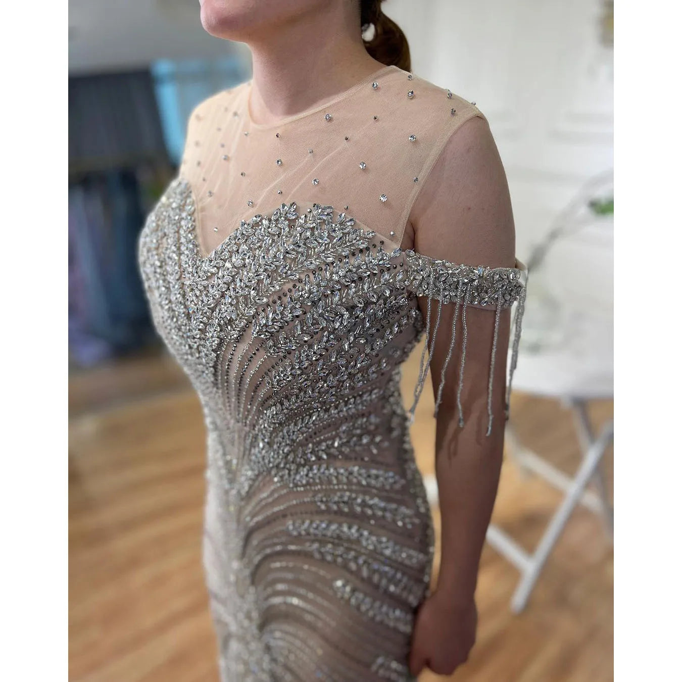 Elegant Arabic Silver Nude Mermaid Evening Gown with Tassel Beading - Luxury Dubai Party Dress for Women - Perfect for Formal Events, Weddings & Red Carpet Occasions