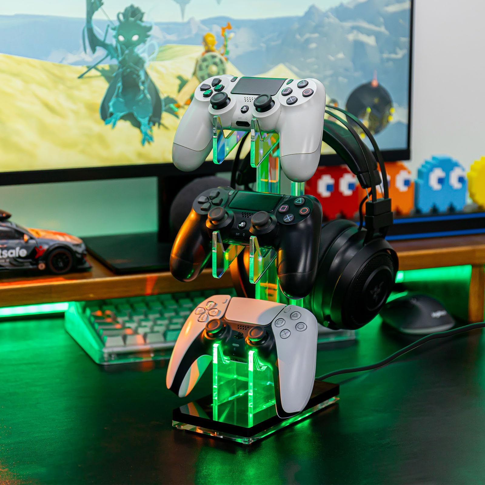 OAPRIRE 3-Tier Acrylic Gaming Controller Stand with LED Lights - Universal Headset Holder for PS5, PS4, Nintendo Switch & PC Accessories (Black) | Perfect for Gaming Setup & Desk Organization