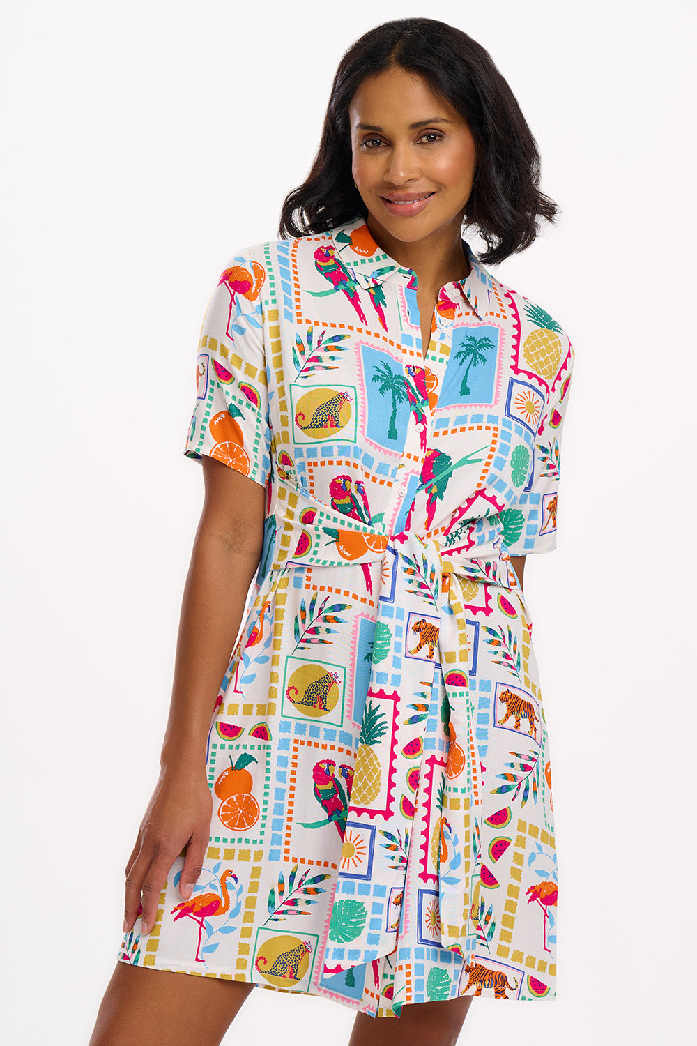 Dessie Mini Shirt Dress for Women - Off White & Jungle Tile Print Casual Summer Dress - Perfect for Beach, Vacation, and Date Night Outfits