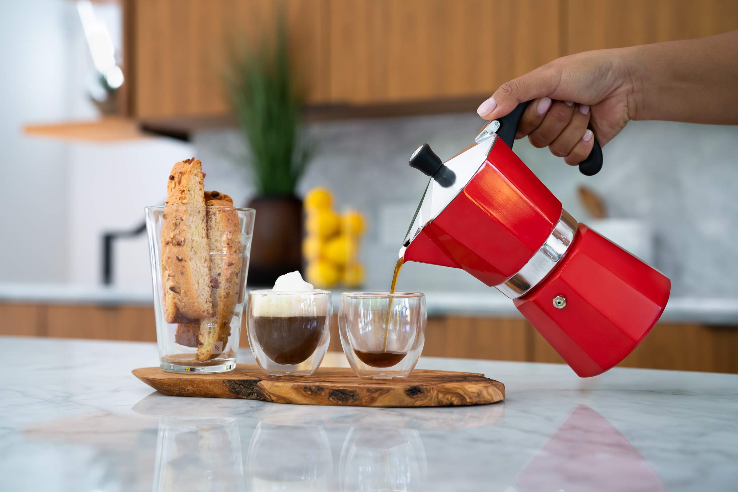 Bellemain Stovetop Espresso Maker Moka Pot - 3 Cup Italian Coffee Maker for Gas & Electric Stoves - Perfect for Home, Office & Camping (Red)