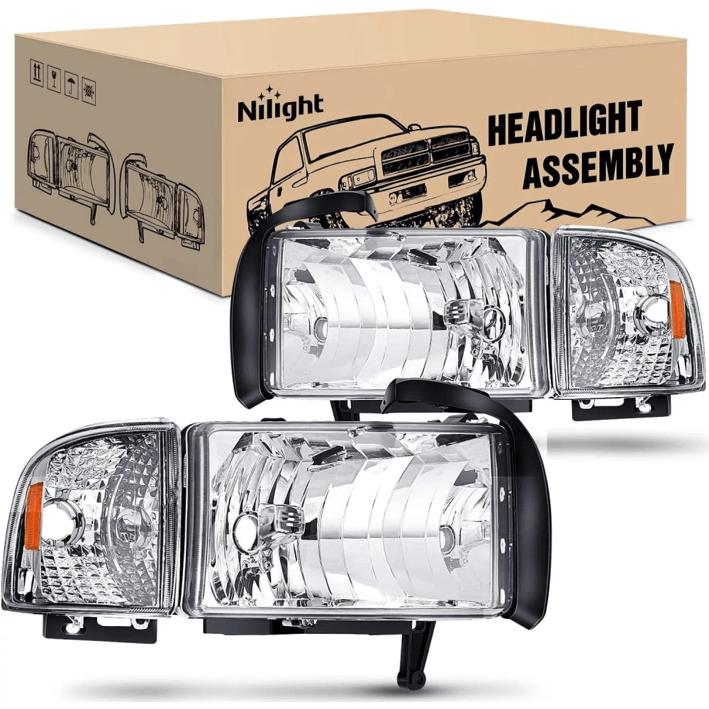 1994-2002 Dodge RAM 1500/2500/3500 Replacement Headlight Assembly - Chrome Housing with Amber Reflector - Perfect for Night Driving & Off-Road Adventures