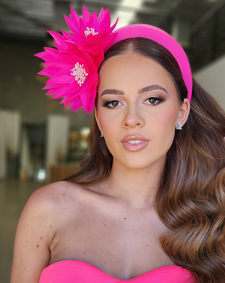 Race Day Crown & Fascinators - Hot Pink Padded Headband with Feather Flowers | Barbie-Inspired Hair Accessories for Weddings, Parties & Derby Events