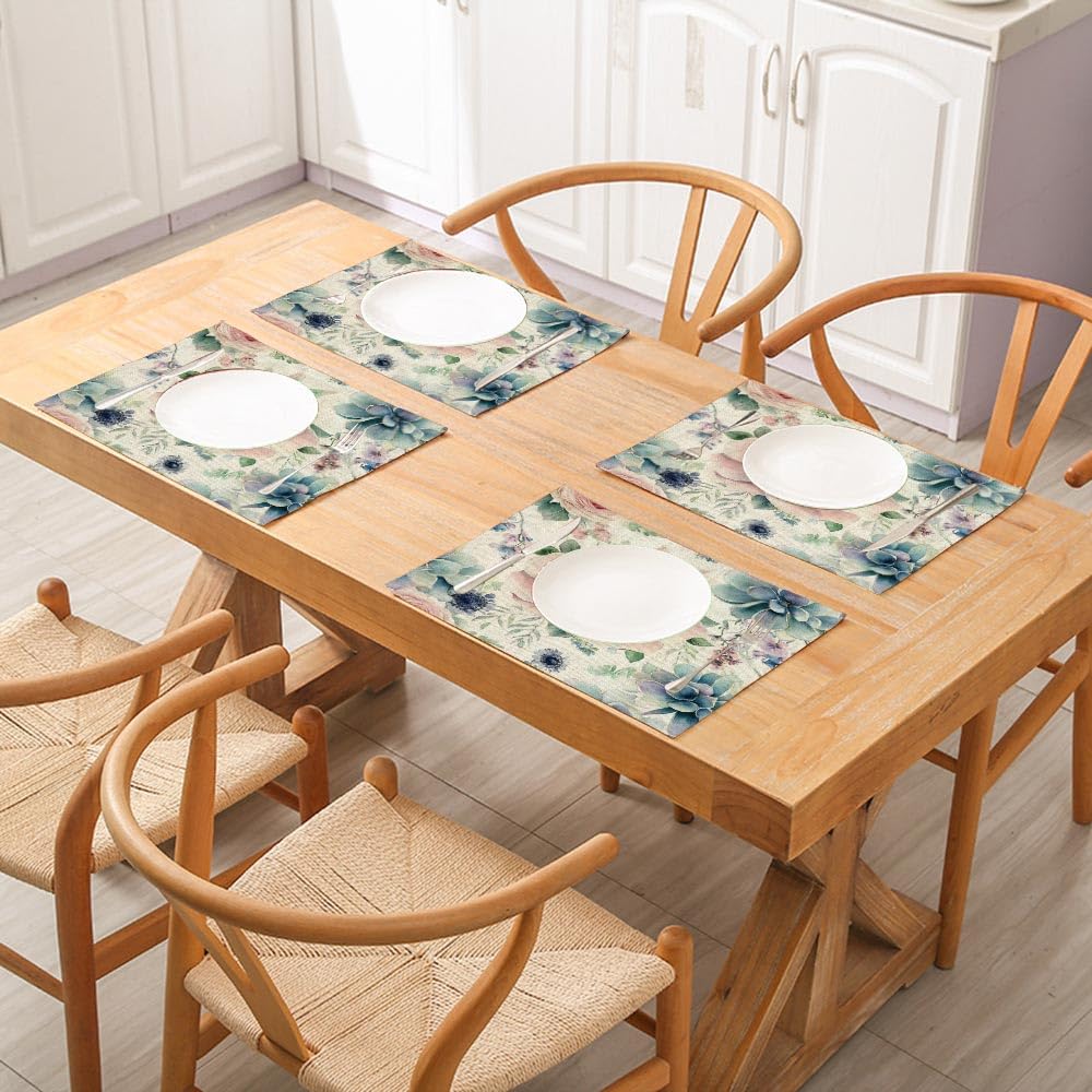 Blue Flower Placemats Set of 4 - 18x12 Inch Washable Table Mats for Kitchen Dining, Decor, Parties & Everyday Use
