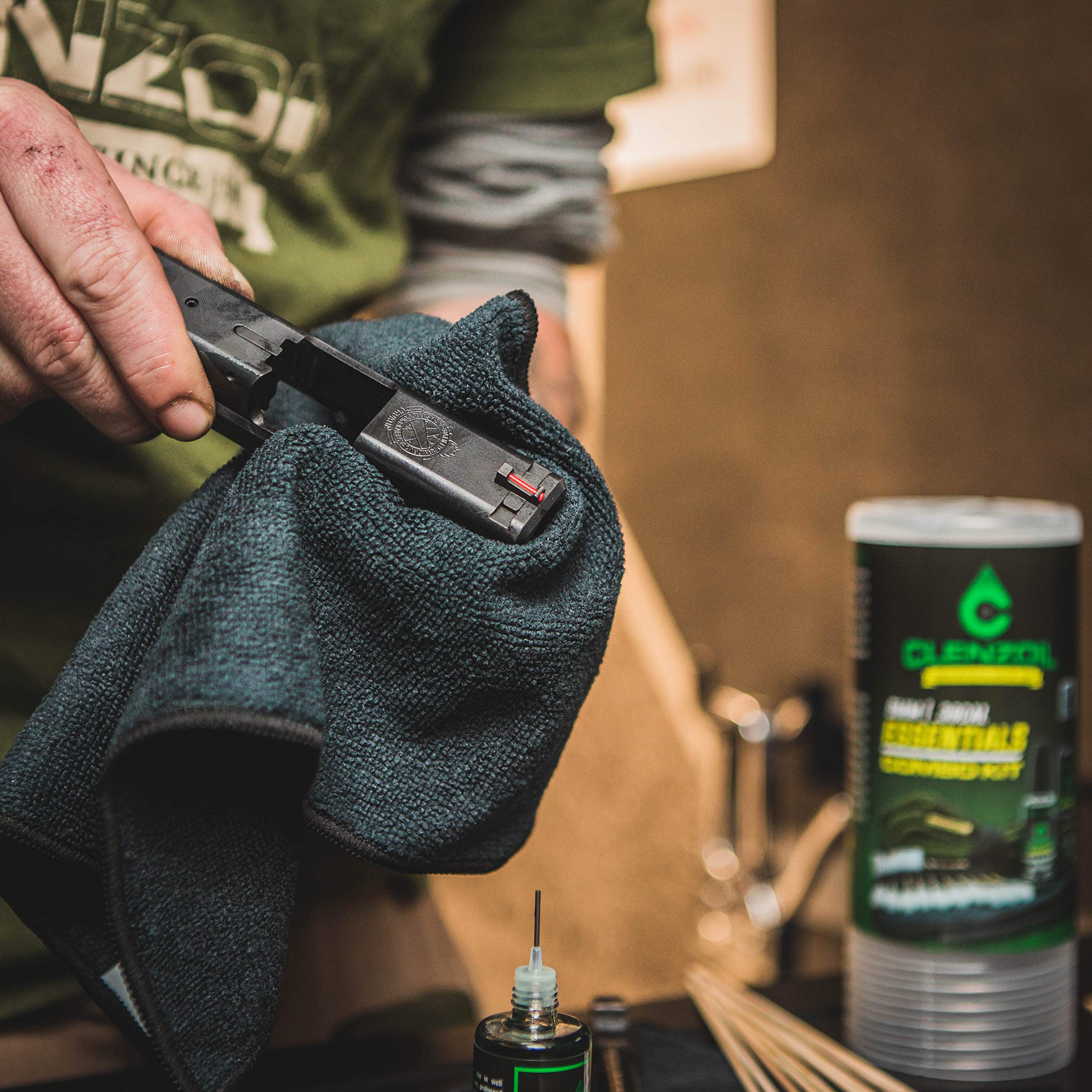 Clenzoil Pistol & Rifle Essentials Gun Cleaning Kit - Complete Firearm Maintenance Set with Bore Cleaner, Microfiber Towel, CLP Spray & Oiler - Perfect for 9mm & .38 Caliber Handguns - Ideal for Home Defense, Hunting & Range Shooting