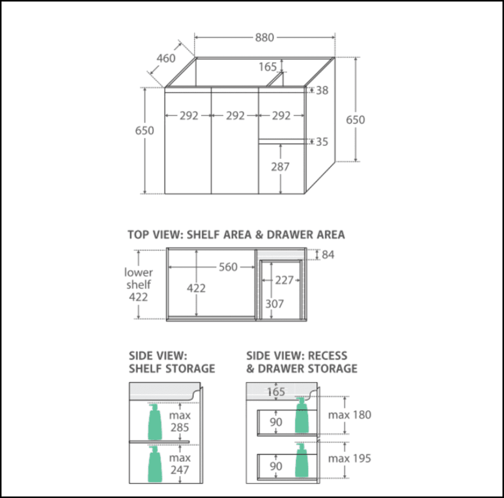 Fienza 900mm SC90XR Crystal Pure Undermount Stone Top Bathroom Vanity - Modern Wall Hung Vanity Unit with Right Drawers - Perfect for Small Bathrooms & Industrial Style Homes