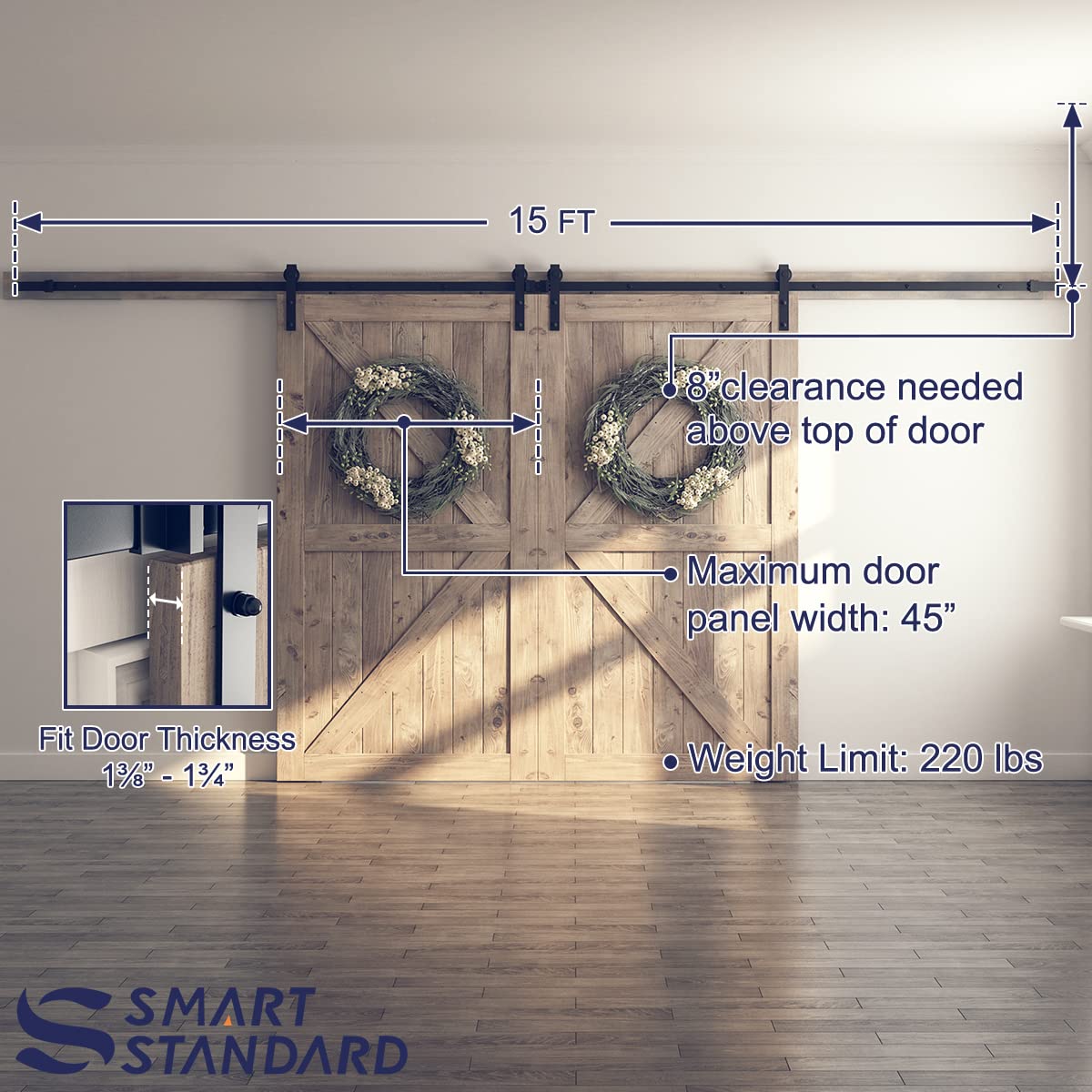 SMARTSTANDARD 15ft Heavy Duty Double Door Sliding Barn Door Hardware Kit - Smooth Quiet Operation - Easy Installation with Step-by-Step Guide - Fits 42