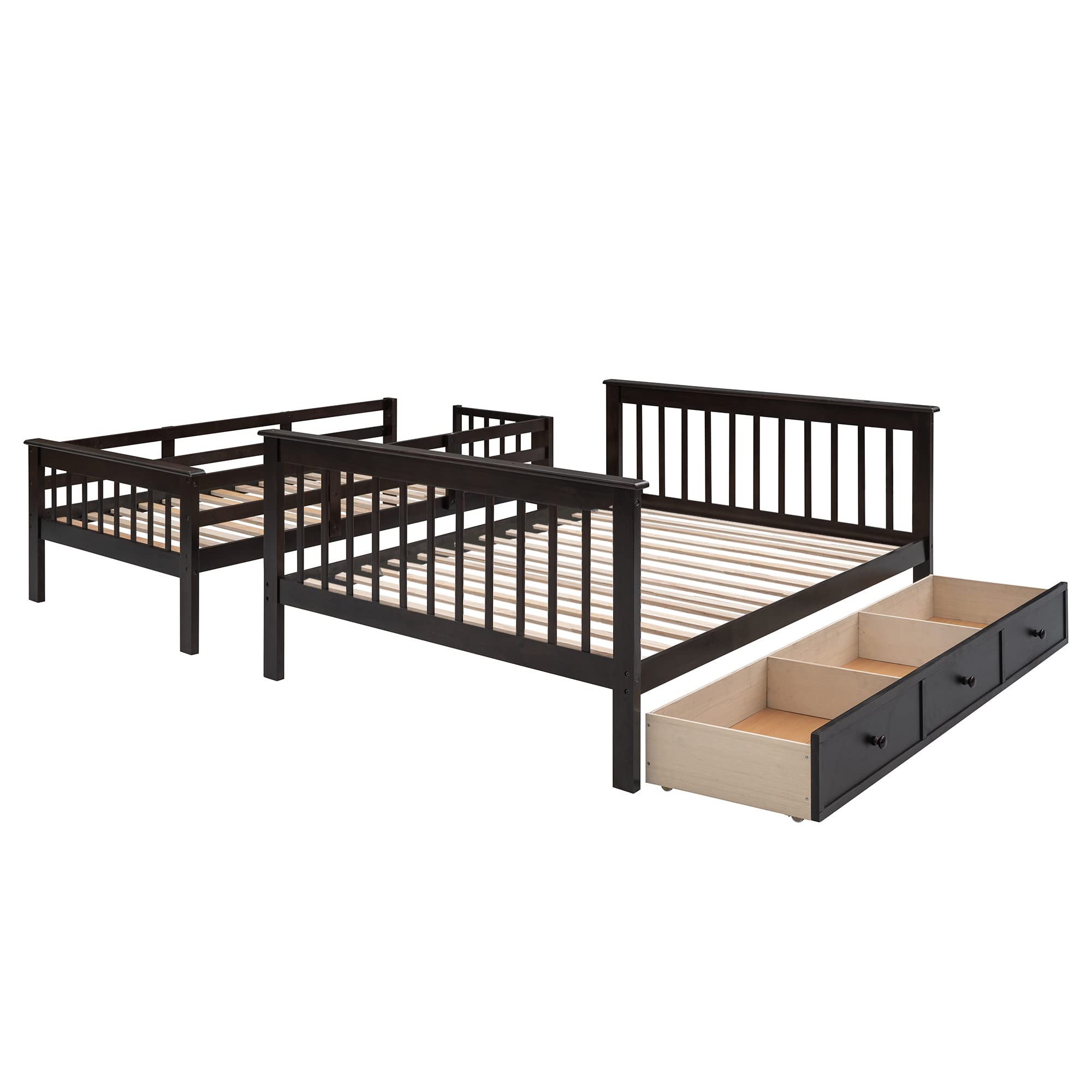 MERITLINE Twin Over Full Bunk Bed with Stairs - Solid Wood Bunk Bed Frame with Storage Drawers & Shelves, No Box Spring Required (Espresso Finish) - Perfect for Kids' Bedrooms, Guest Rooms & Space-Saving Solutions
