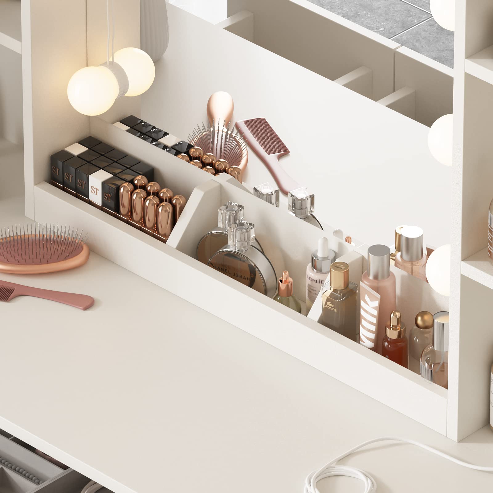 Vabches Lighted Vanity Mirror Makeup Desk Set with Comfortable Bench & Side Cabinets - 45.2 Inch White Vanity Table with Ample Storage Space | Perfect for Bedroom, Dressing Room & Beauty Salon Organization
