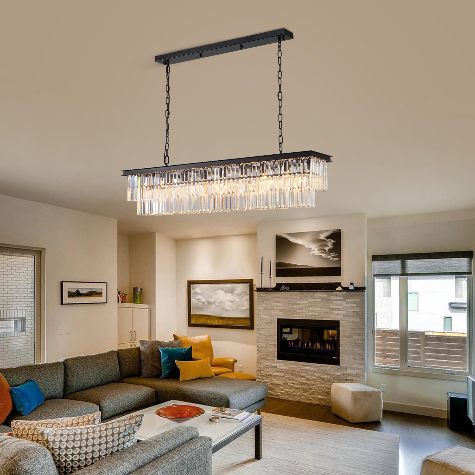 NOXARTE Modern Rectangular Crystal Chandelier - 8-Light Black Pendant Fixture for Dining Room, Kitchen Island, Bar & Living Room (47 Inch) - Elegant Lighting for Home Decor & Interior Design