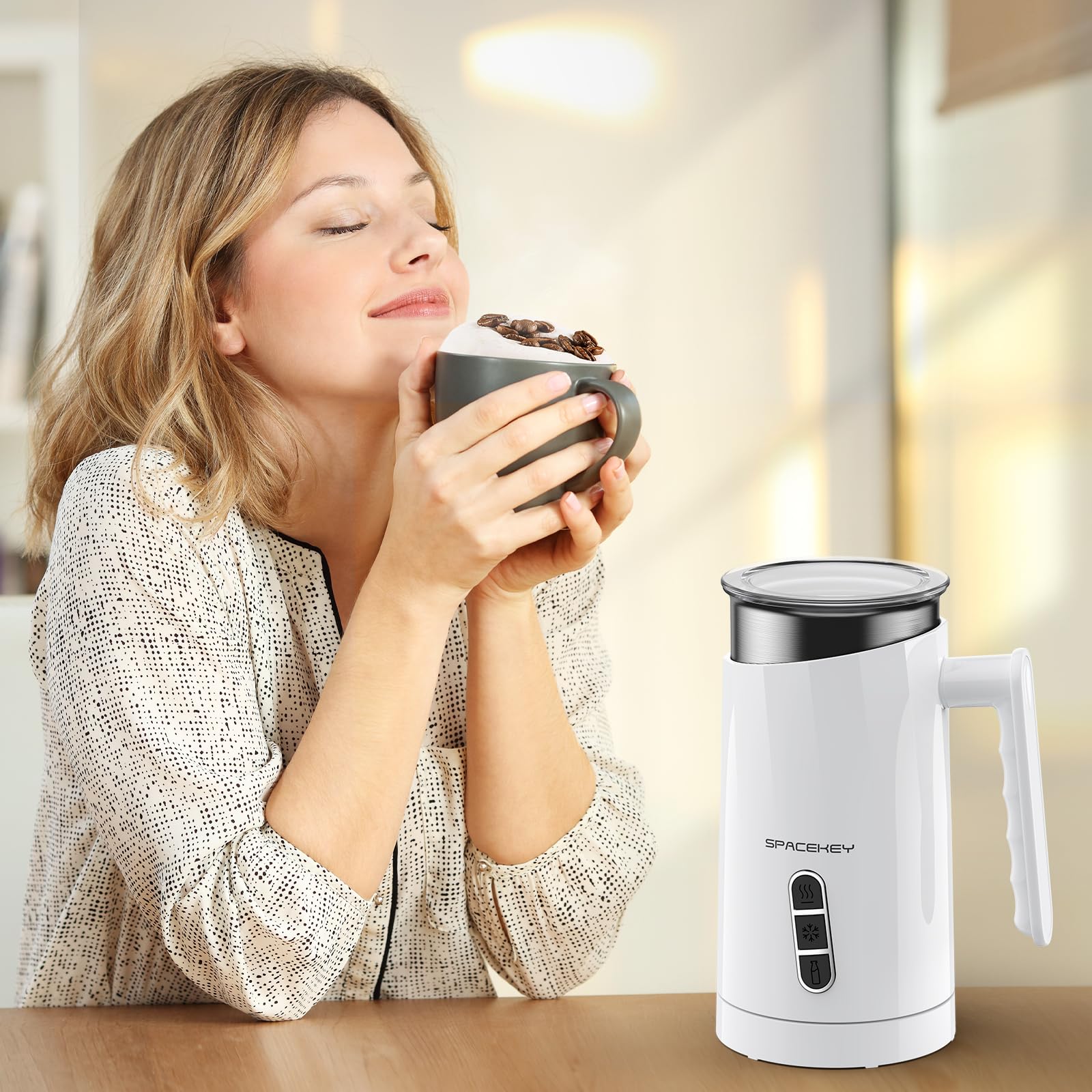 Spacekey 4-in-1 Electric Milk Frother & Warmer - 10.1oz Hot & Cold Foam Maker for Coffee, Latte, Cappuccino & Hot Chocolate - Heats to 167°F with Buzzer Alarm - Perfect for Home, Office & Coffee Shops