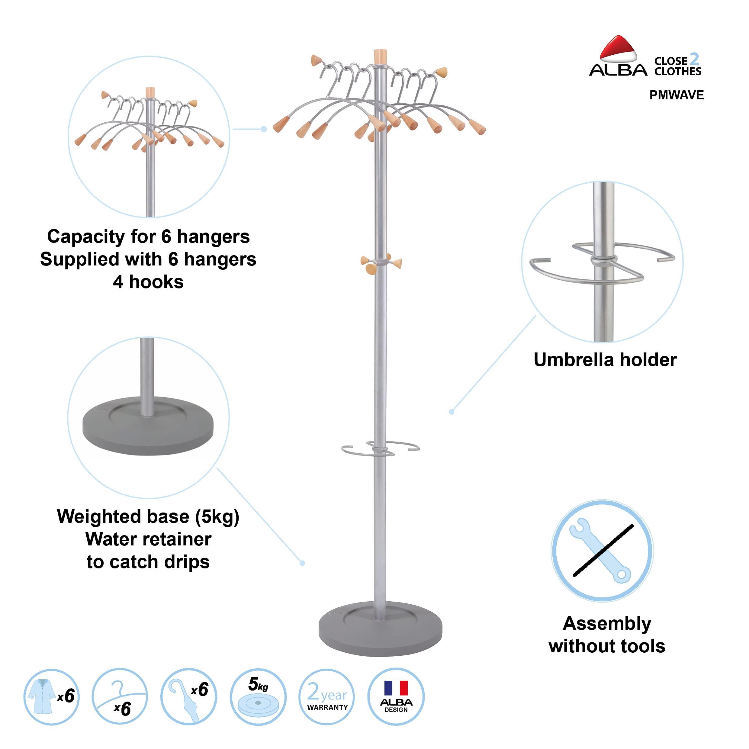 PMWAVE Wavy Coat Tree - 6 Hangers, 2 Knobs & 4 Hooks - Silver Steel & Wood Design - Perfect for Entryway, Bedroom or Office Organization