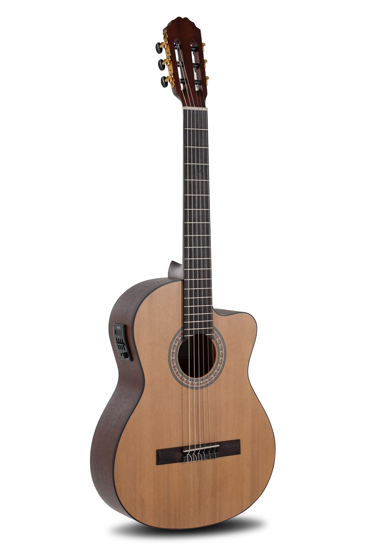MR Caballero 4/4 Classical Acoustic-Electric Guitar - Gold-Plated Tuners, Hannabach 600HT Carbon Strings, ETC-4 Preamp with 4-Band EQ & Tuner - Dark Natural Wood Finish - Perfect for Performances, Recording & Practice