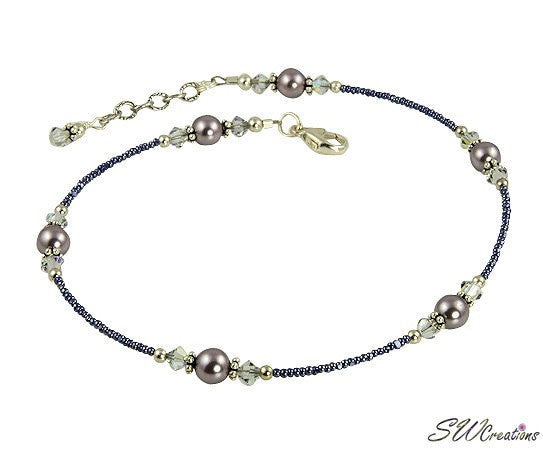 Shadow Crystal Mauve Pearl Anklet - Elegant Adjustable Ankle Bracelet for Women, Boho Chic Jewelry Gift for Her, Perfect for Beach Weddings & Summer Outfits