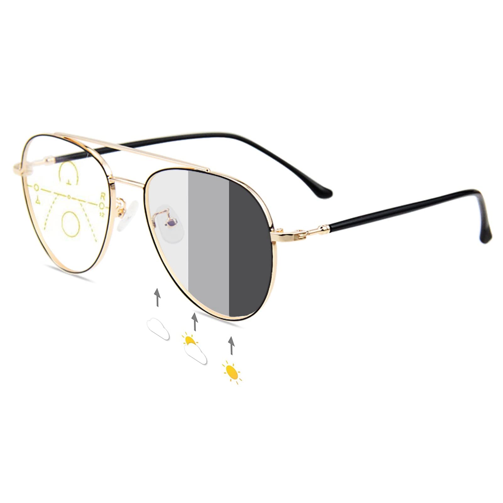 Photochromic Aviator Sunglasses for Men - Stylish Progressive Multifocal Reading Glasses with Large Metal Frame (Gold) - Perfect for Driving, Reading & Outdoor Activities