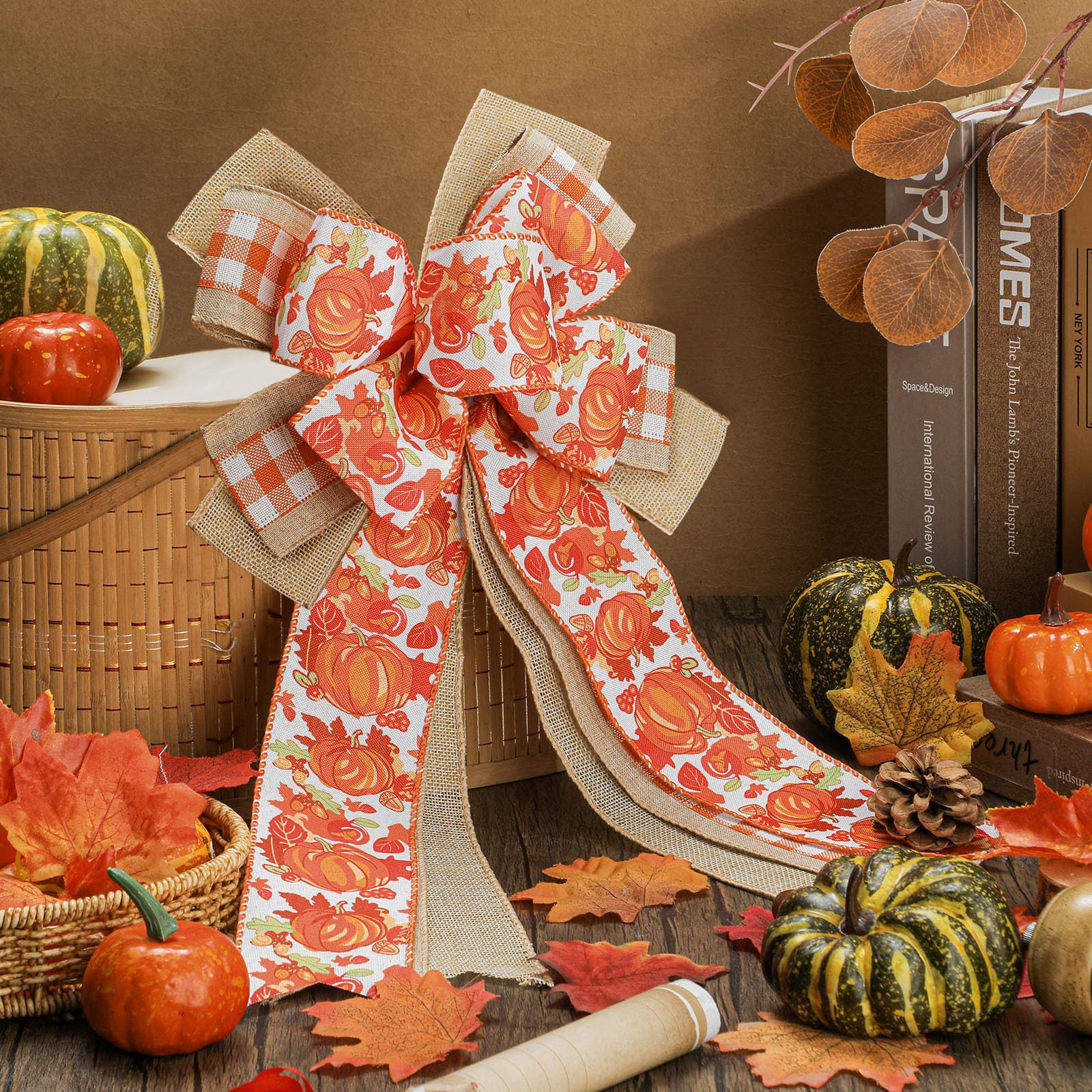 Fall Wreath Bows - Pumpkin Maple Leaves Decor for Thanksgiving & Home