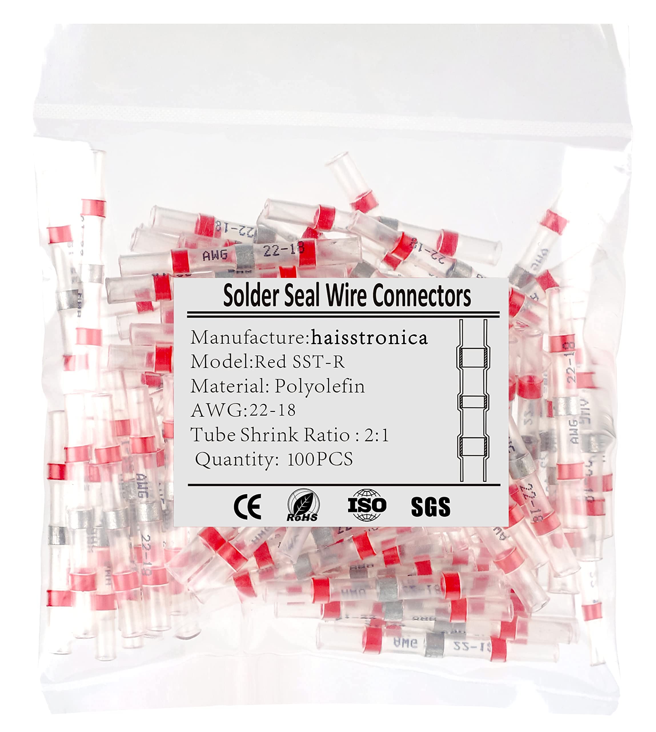 100PCS Red Solder Seal Wire Connectors AWG22-18, Haisstronica Marine Grade Waterproof Electrical Connectors - Heat Shrink Butt Splice for Automotive, Boat & Outdoor Wiring - Weatherproof Insulated Terminals for DIY & Professional Use