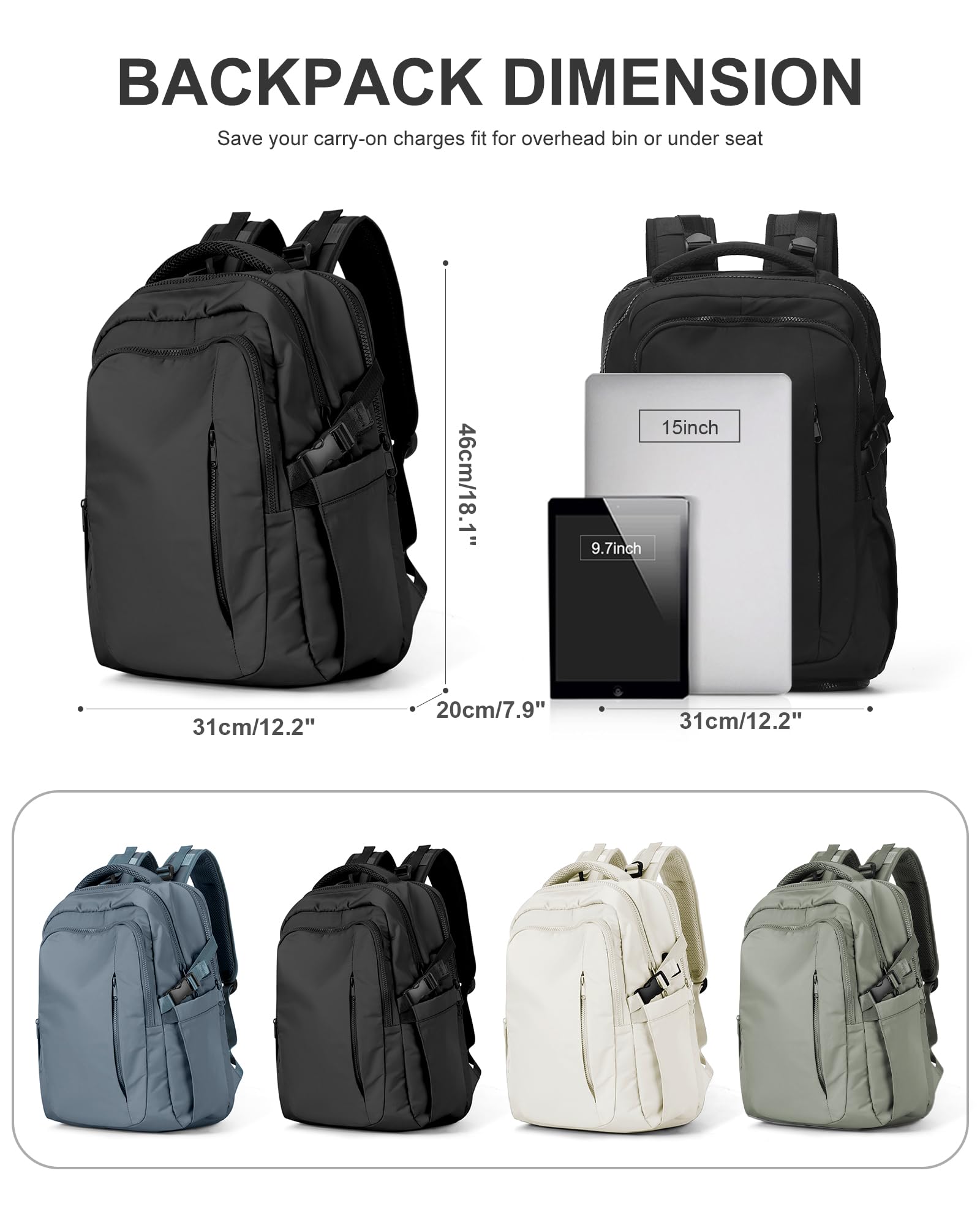 Lightweight Travel Backpack for Women & Men - FAA Approved Carry On Personal Item Bag with 15.6