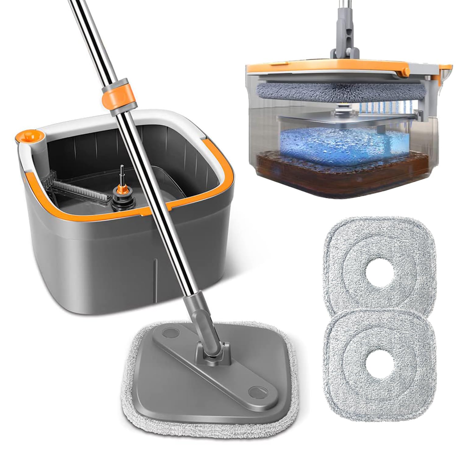 Self-Wringing Spin Mop and Bucket Set with Dual Water System - 360° Rotating Mop Head for Hardwood, Tile & Marble Floors - Perfect for Kitchen, Bathroom & Large Area Cleaning