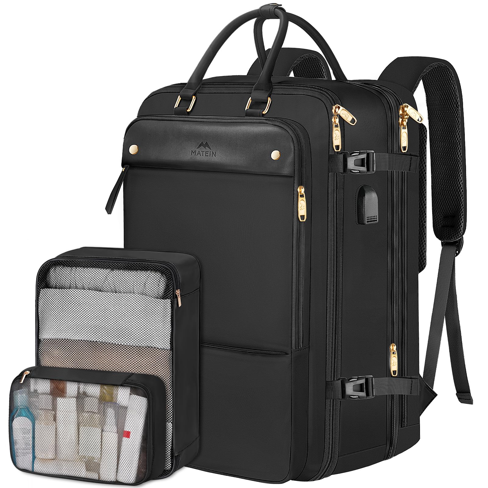 Matein 17 Inch Expandable Travel Backpack for Women & Men - 52L Large TSA Approved Laptop Backpack with USB Charging Port & Shoe Compartment - Perfect for College, Business, Work & Air Travel - Black