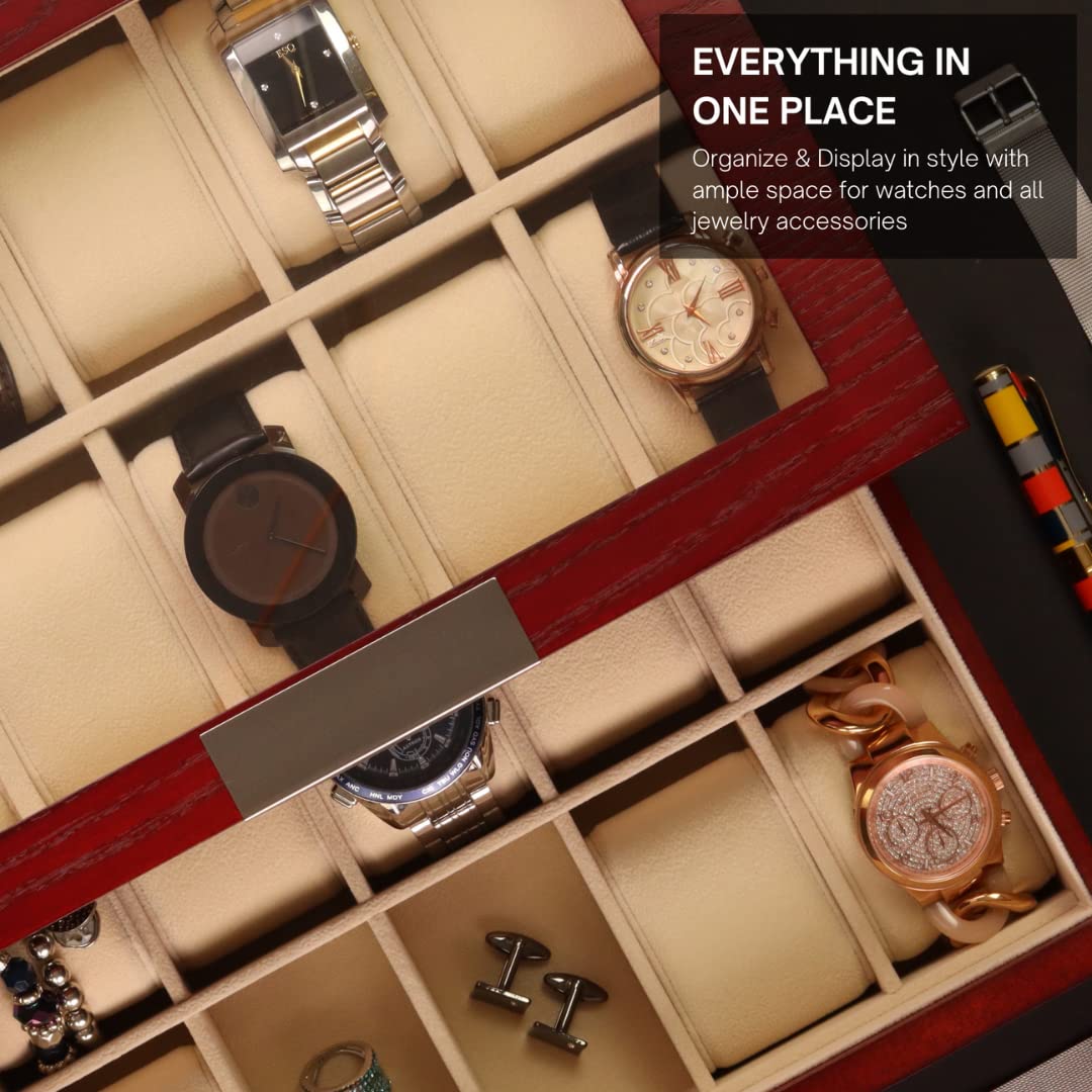 Cherry Oak Wood 20 Slot Watch Display Case & Jewelry Box Storage Organizer - Elegant Watch and Jewelry Organizer for Men & Women - Perfect for Home, Office, and Travel Accessory Storage
