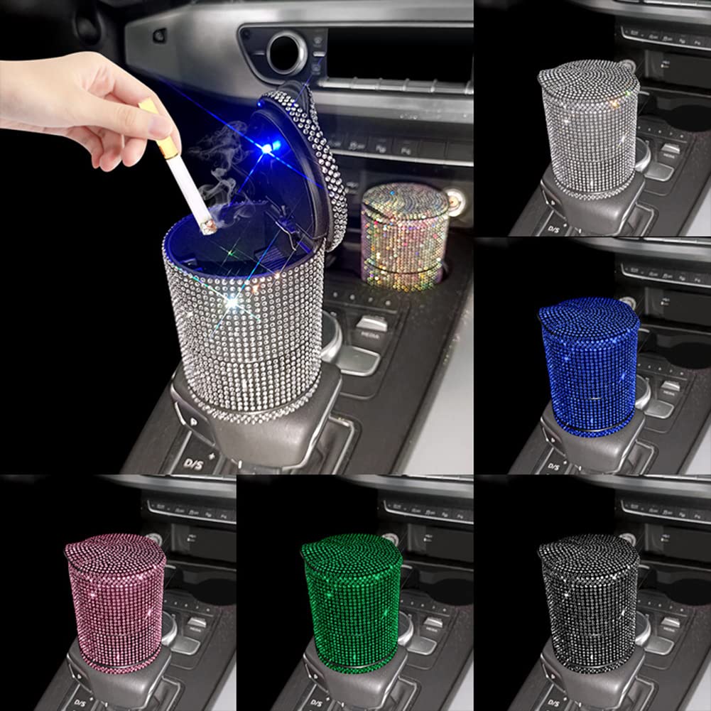 Pink Rhinestone Car Ashtray with Blue LED Light - Cigarette Holder for Women's Vehicles, 9x6.5x6.5cm Auto Vent Ash Container - Perfect for Road Trips, Commuting & Smoking in Style