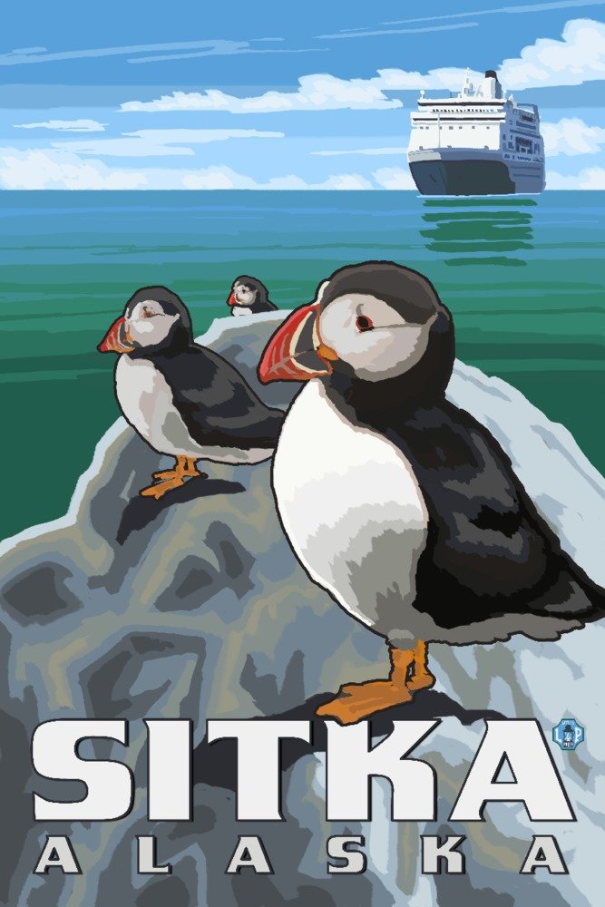 12x18 Sitka Alaska Puffins and Cruise Ship Metal Wall Art - Premium Aluminum Decor for Living Room, Office & Coastal Home Decor