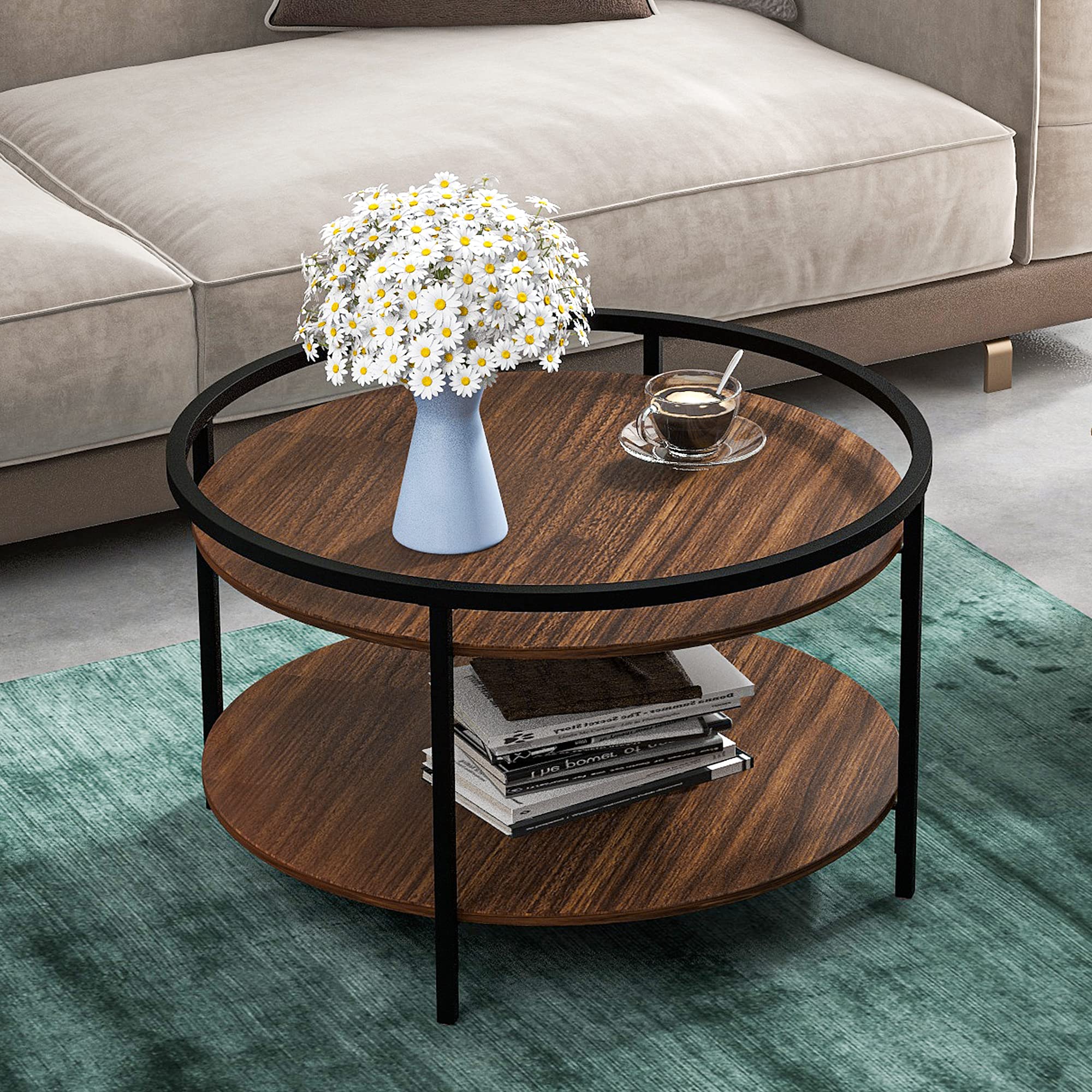 Modern Industrial Sideboard Cabinet with Drawers - Freestanding Cupboard & Cocktail Table with Sink Top - Round Coffee Table for Living Room, Dining Room & Home Office (Brown)