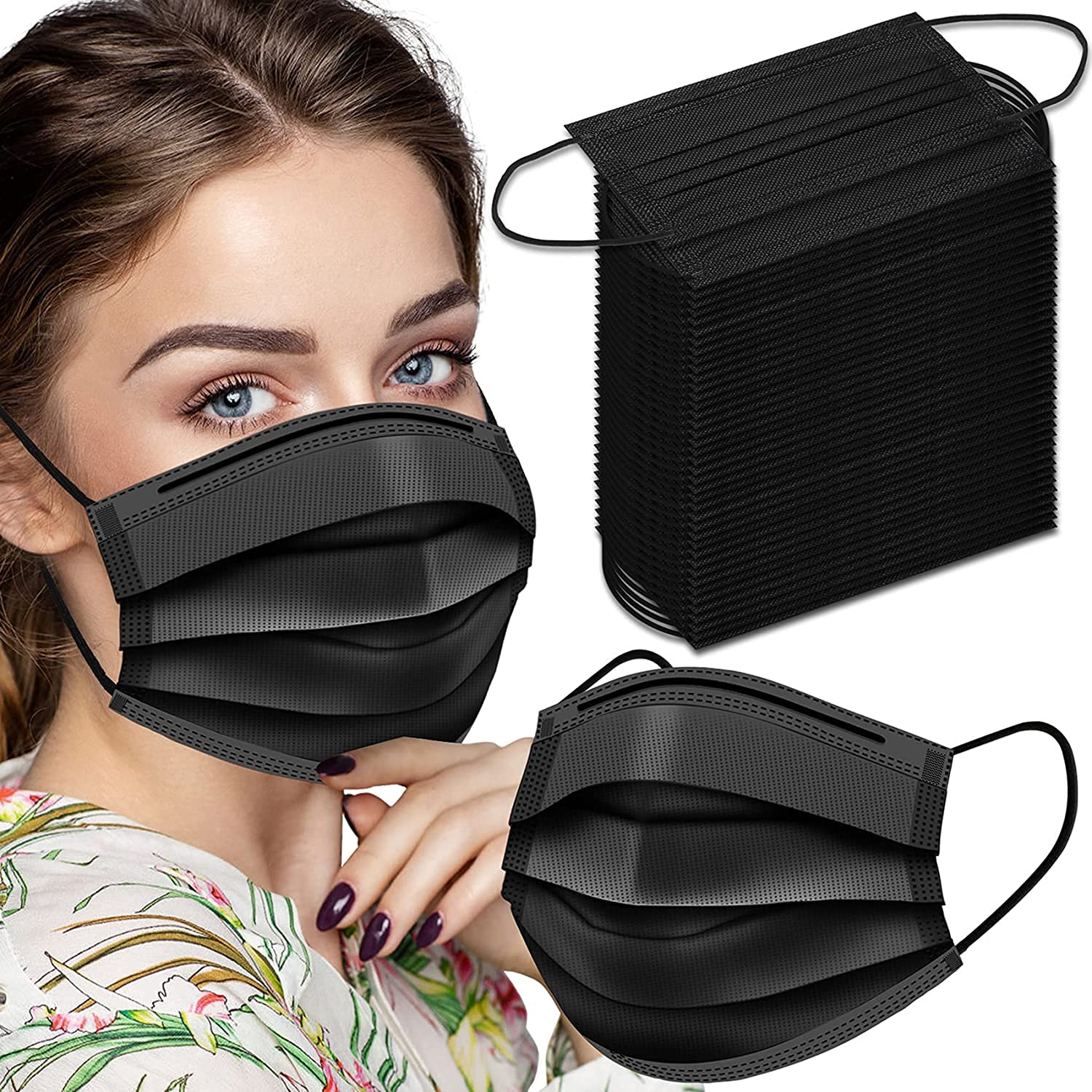 100 Pack Black Disposable Face Masks - 3-Ply Breathable Protection for Daily Use, Travel & Public Safety | FDA Approved Dust & Pollen Filter