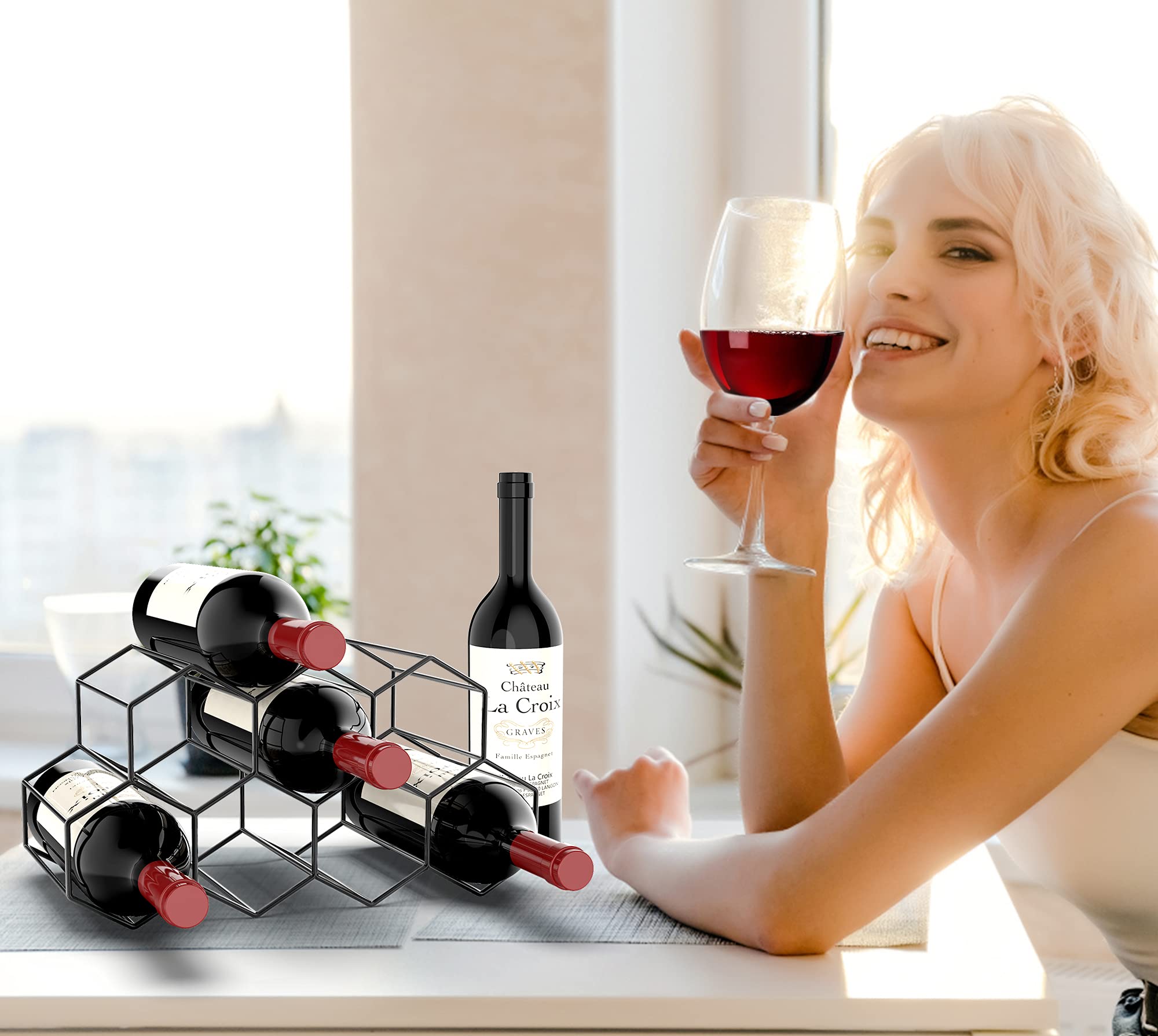 Small Black Metal Honeycomb Wine Rack - Countertop Freestanding 9-Bottle Organizer for Kitchen, Bar & Home Decor | Perfect for Wine Storage, Water Bottles & Tabletop Organization