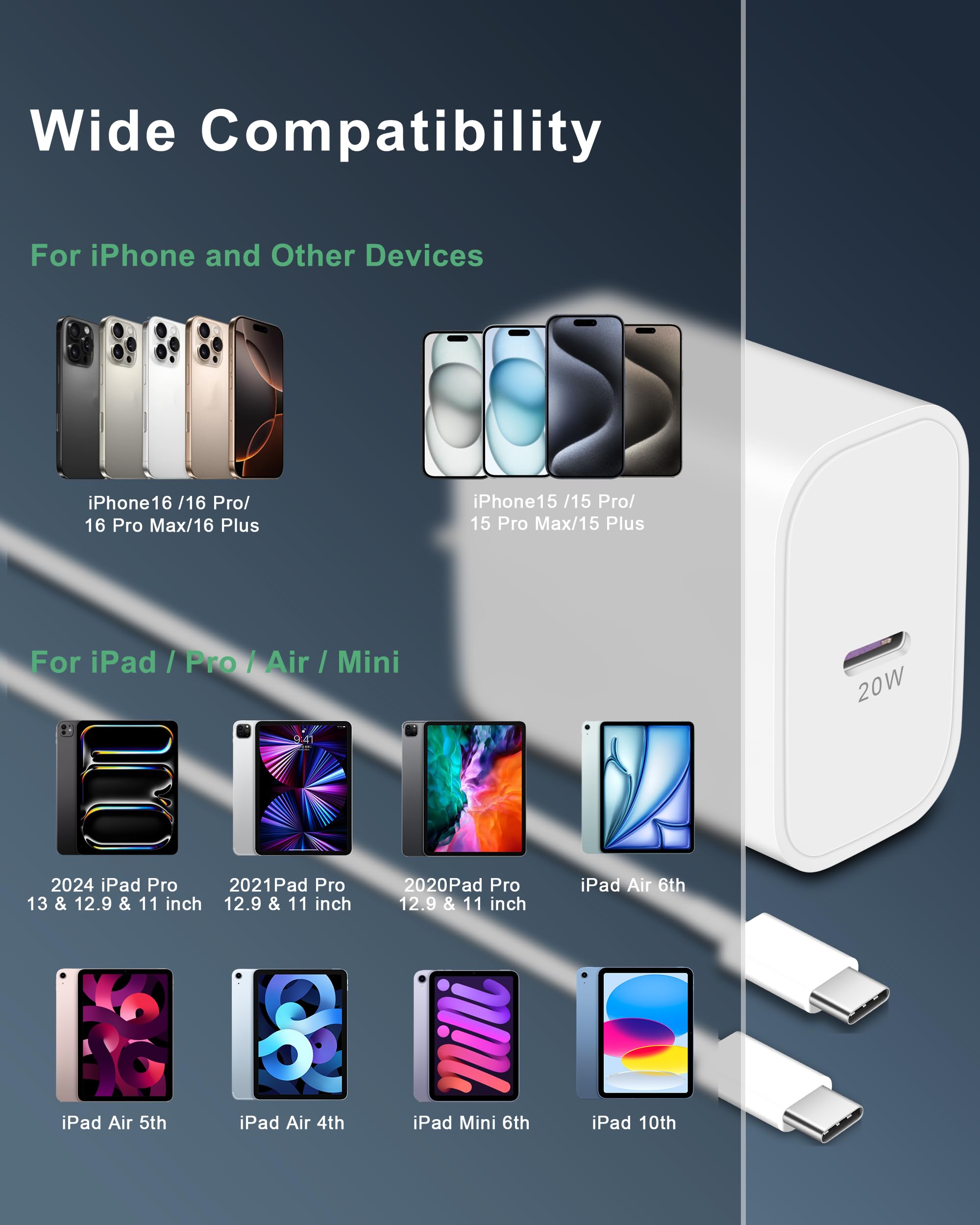 ARCCRA [Upgraded] 20W Fast USB C Charger Block with 10FT Cable - 2 Pack Compatible with iPhone 16/16 Pro Max/16 Plus/16e/15/15 Pro/15 Pro Max - Quick Charging Power Adapter for Home, Office & Travel