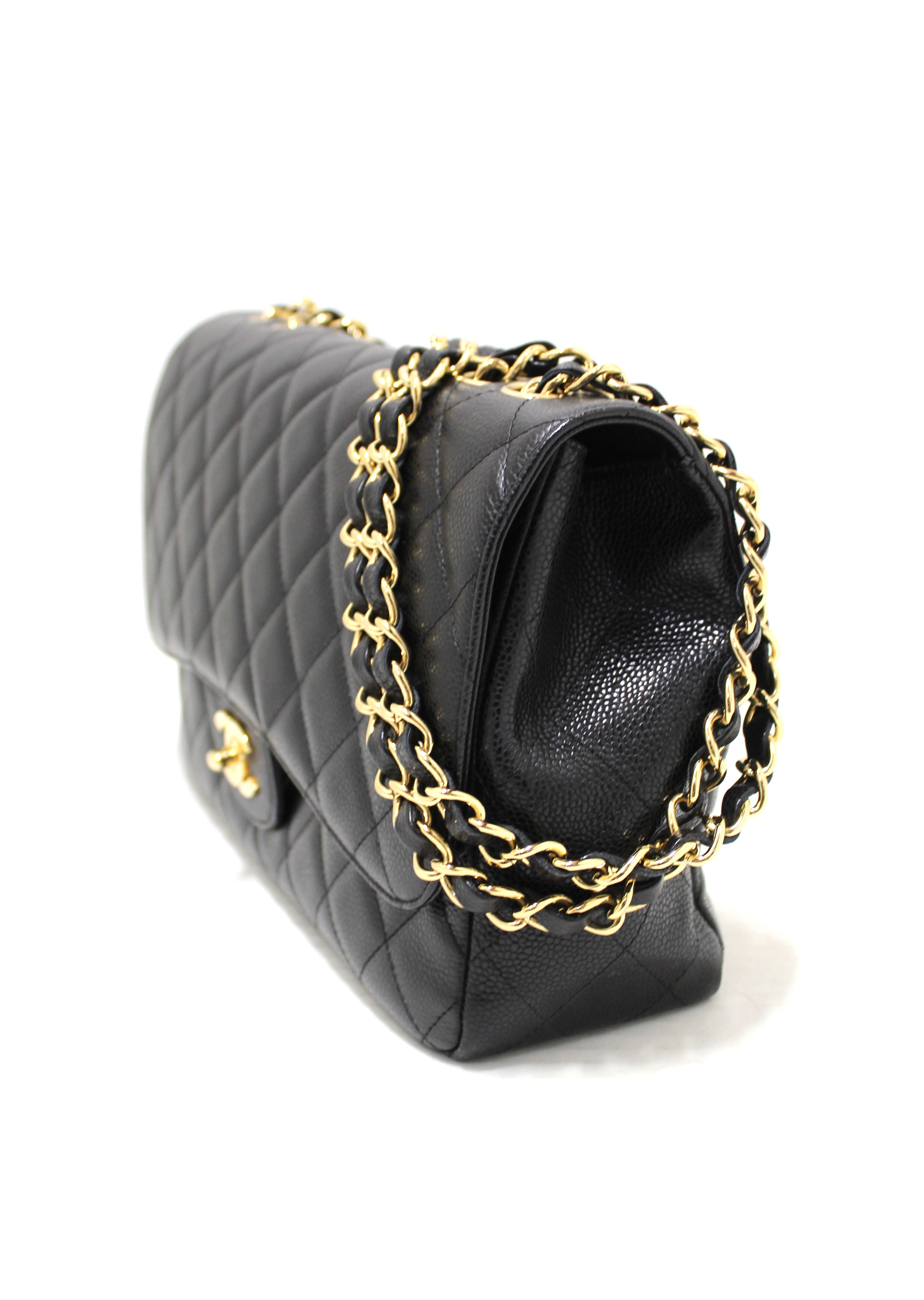 Authentic Chanel Black Quilted Caviar Leather Classic Jumbo Single Flap Bag - Luxury Designer Handbag for Women, Perfect for Evening Events, Parties & Special Occasions