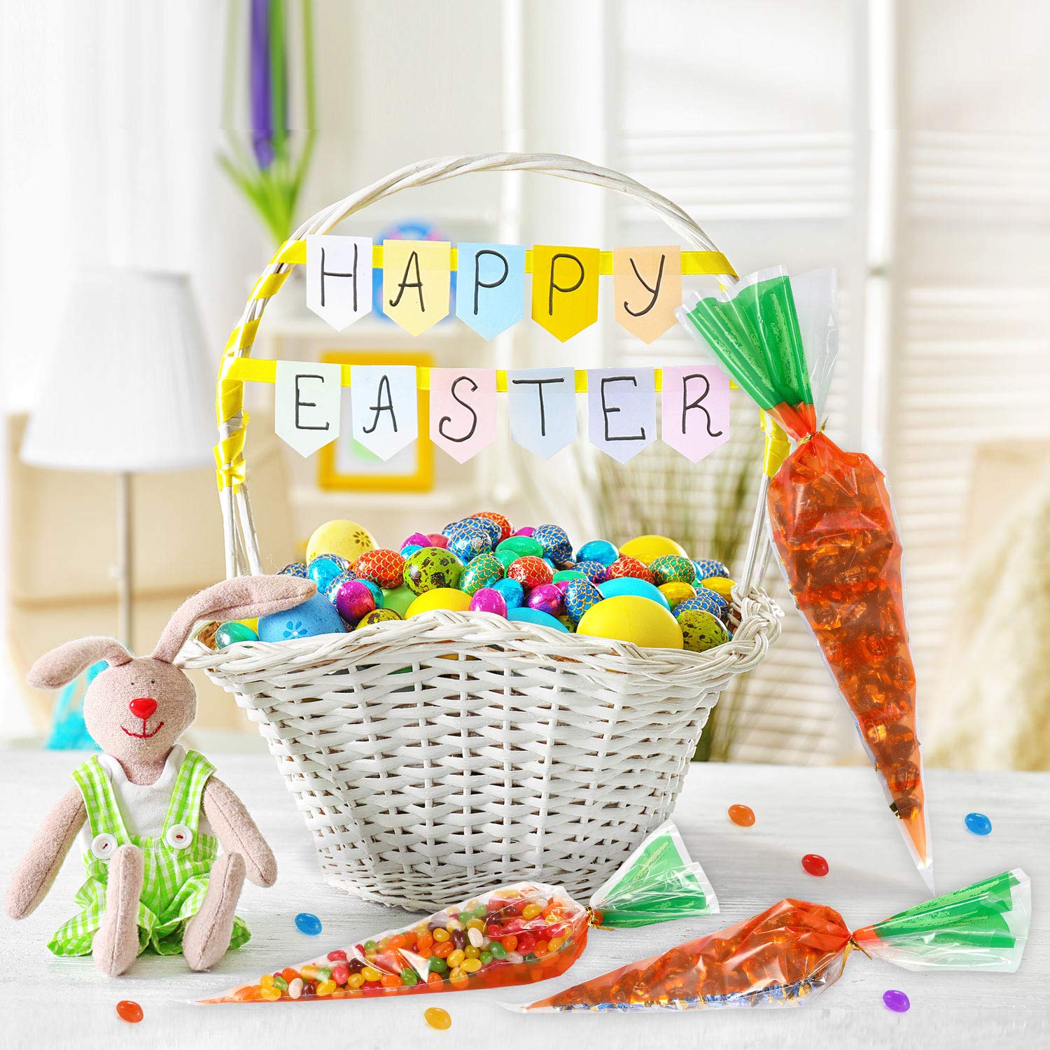 200 Counts Easter Carrot Patterned Cellophane Treat Bags with Gold Twist Ties - Party Favors for Easter Egg Hunts, Classroom Rewards & Holiday Gift Wrapping (200 Pieces)