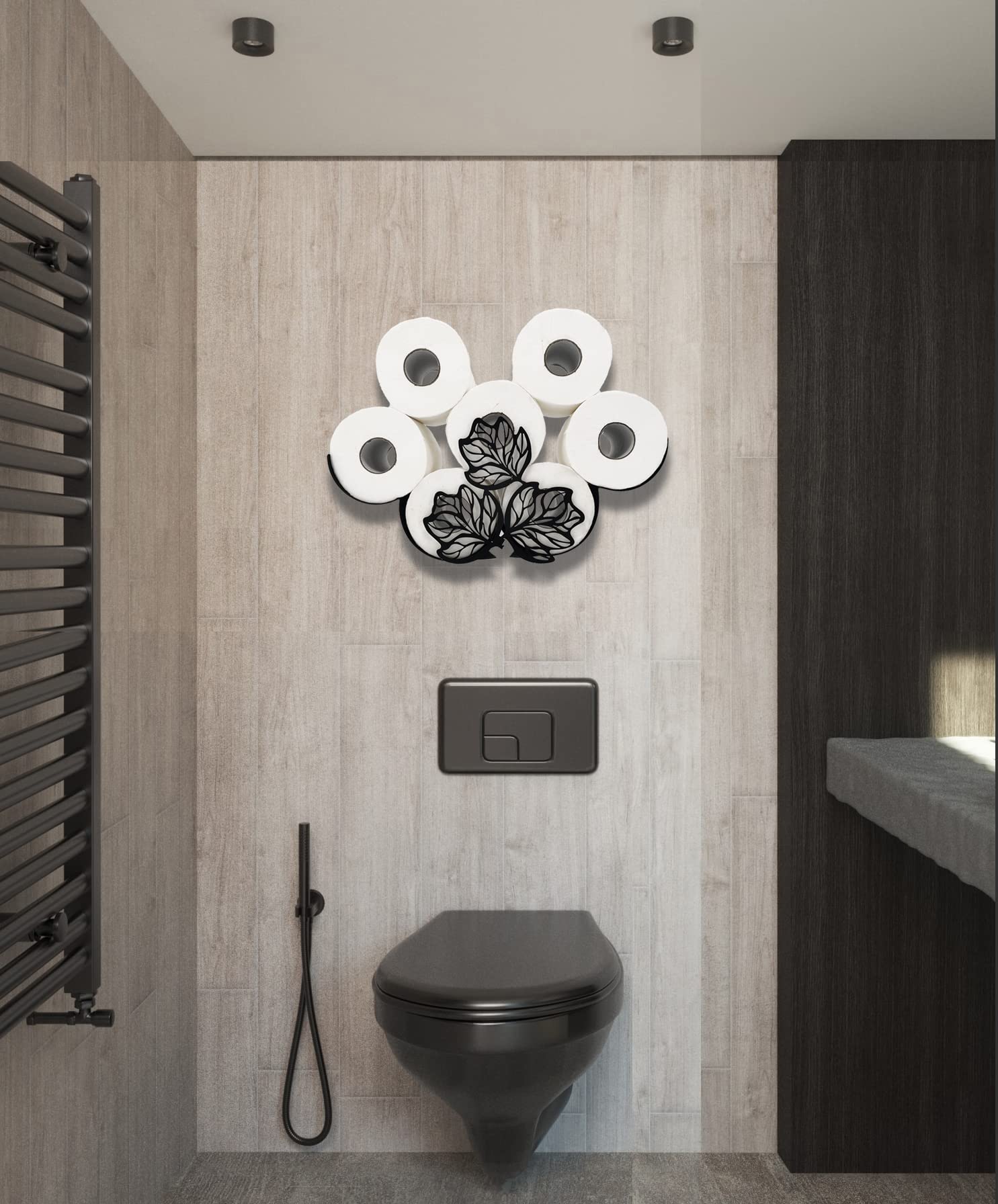 Black Metal Leaves Wall-Mounted Toilet Paper Holder - Animal Decorative Tissue Storage Organizer for Bathroom - Holds 8 Extra Rolls - Perfect for Home, Apartment, and RV Bathroom Decor