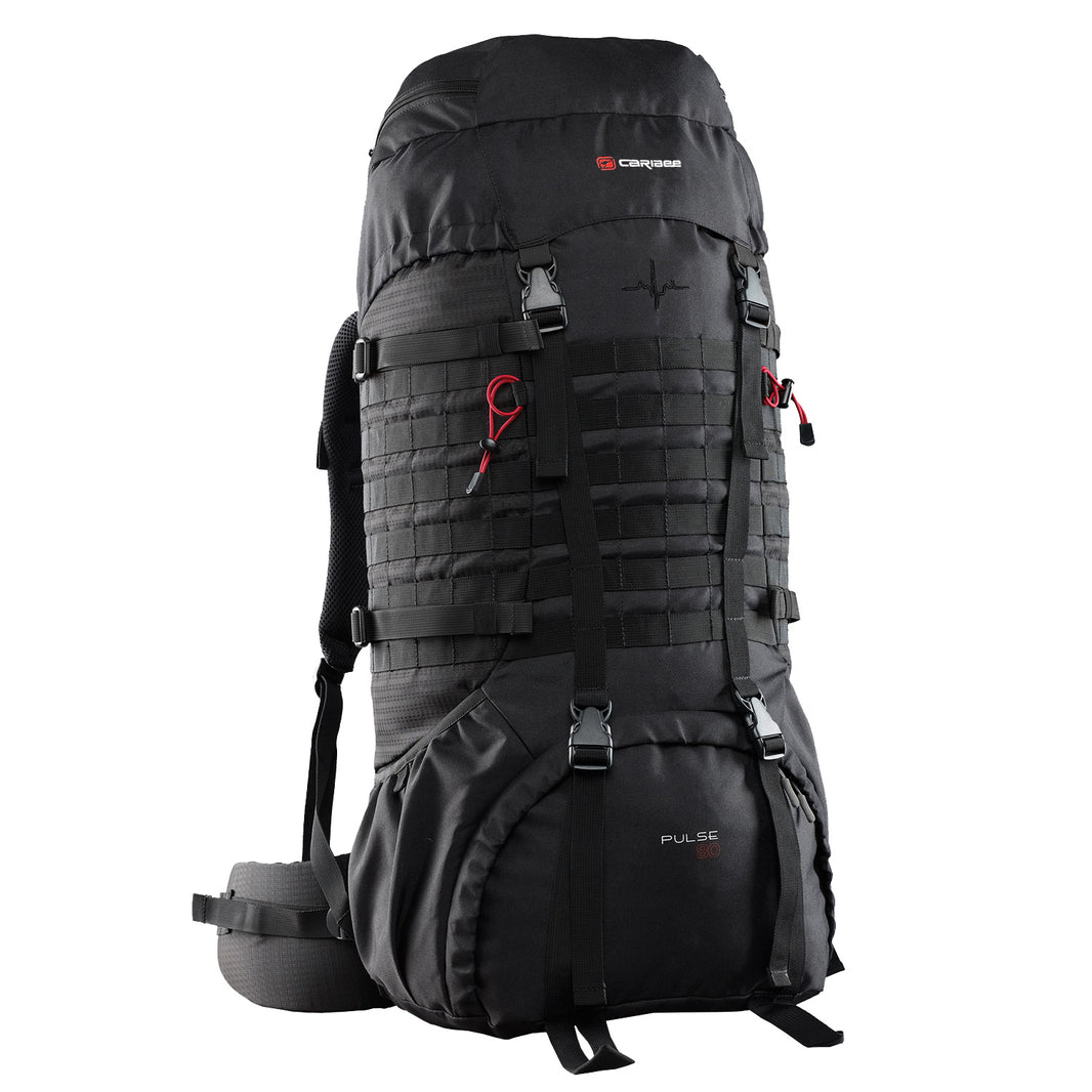 Caribee Pulse 80L Hiking Backpack - Large Capacity Trekking Pack for Outdoor Adventures, Camping & Travel - Durable Black Backpack for Men & Women