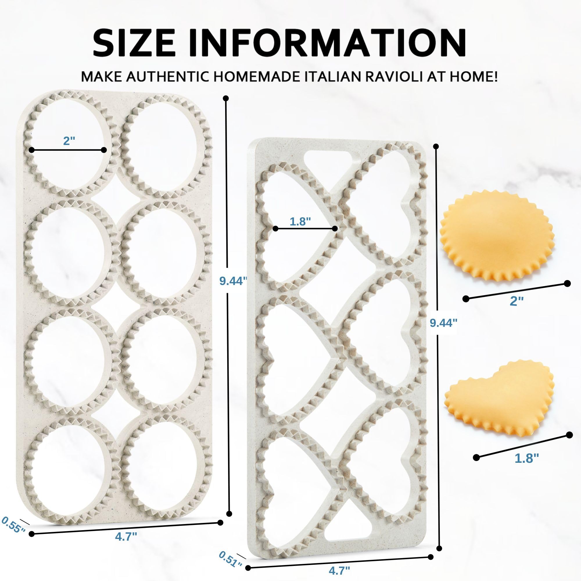 Premium Ravioli Maker Press Set - 3-Piece Pasta Mold Kit with Round, Heart & Square Cutters, Wooden Rolling Pin & 2.6