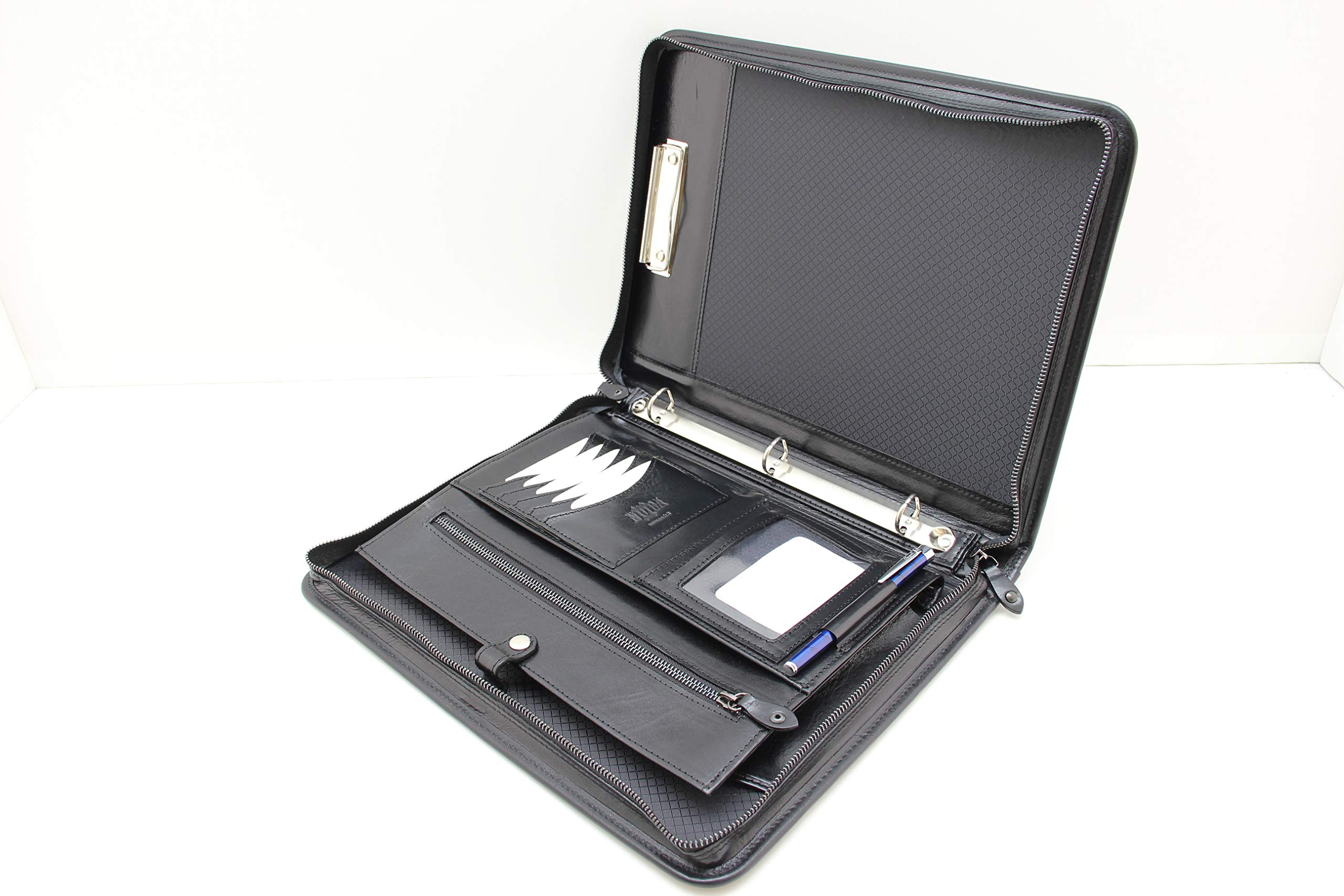 Genuine Italian Leather 3-Ring Binder Portfolio with Zipper - Professional Business Organizer for Men & Women - Letter Size Notebook Holder with Clipboard - Perfect for Office, School & Business Meetings (Black)