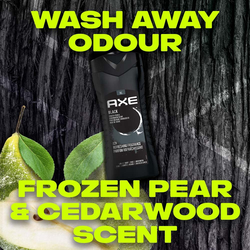 AXE Black 3-in-1 Body Wash, Face Wash & Shampoo for Men - Long Lasting Refreshing Frozen Pear Scent, Dermatologist Tested, 400ml - Perfect for Gym, Travel & Daily Shower Routine