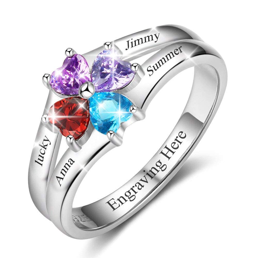 Personalized Mothers Ring with 4 Simulated Birthstones - Sterling Silver Family Name Ring for Mom - Perfect Gift for Mother's Day, Anniversary & Special Occasions