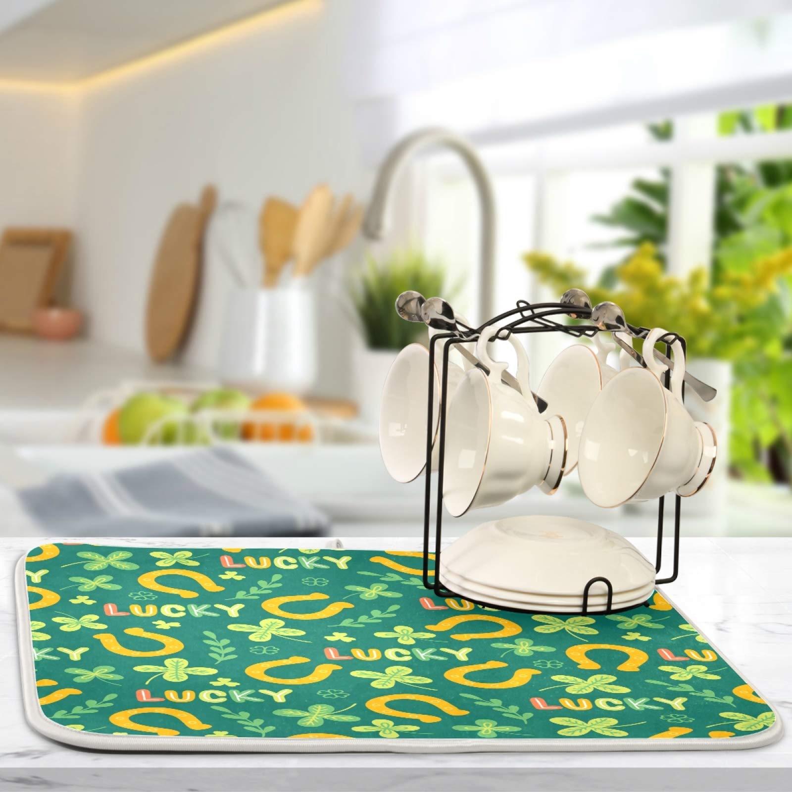 St. Patrick's Day Lucky Shamrock Dish Drying Mat - 18x24 Inch Golden Horseshoe Kitchen Countertop Dry Pad | Perfect for Irish-Themed Parties, Holiday Decor & Everyday Dish Drying