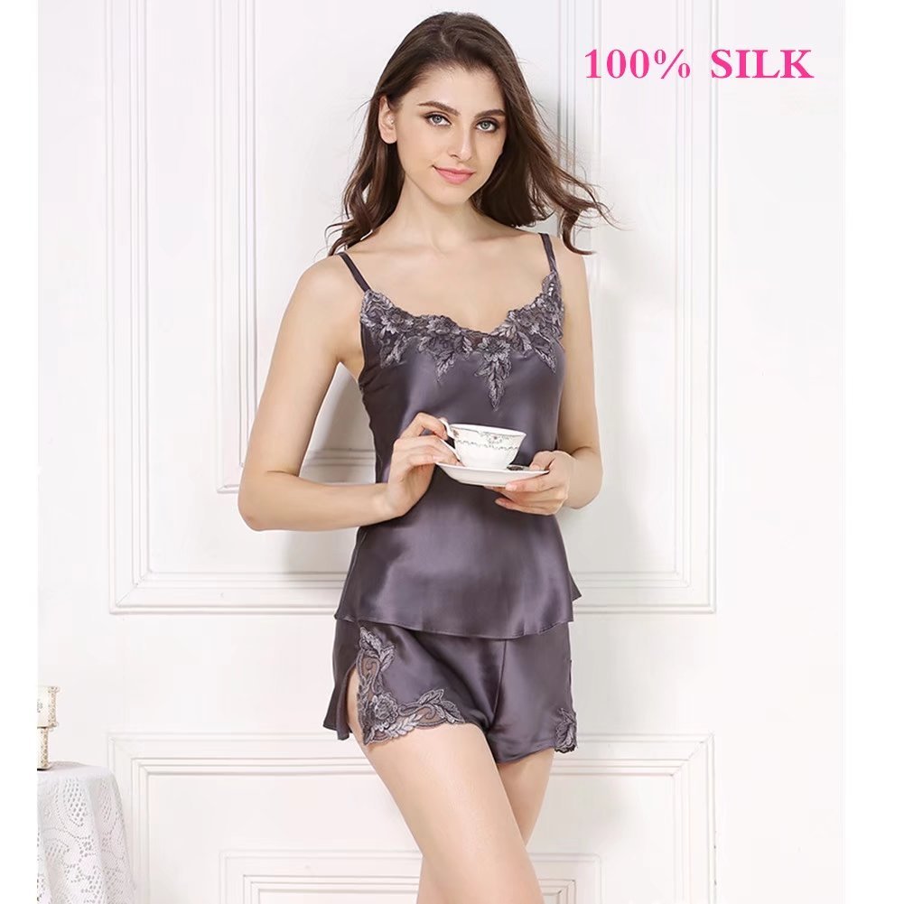 100% Silk Lace Nightgown Set - Sexy Satin Lingerie Pajamas for Women, Comfortable Sleepwear & Romantic Home Dress - Perfect Gift for Wife, Anniversary or Valentine's Day - Ideal for Bedtime, Honeymoon & Special Occasions