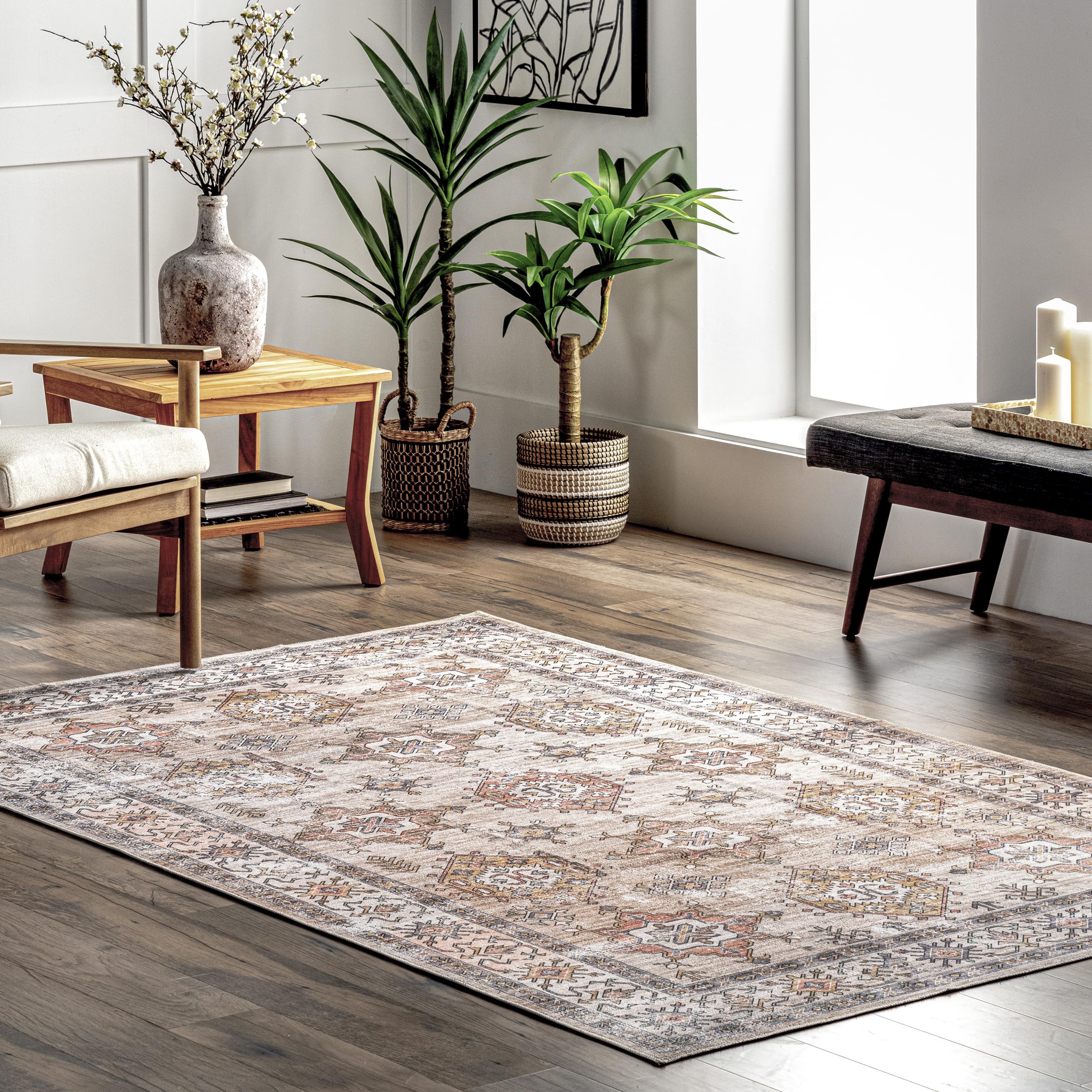 nuLOOM Finley Beige 8' x 10' Washable Area Rug - Stain Resistant, Non-Slip Backing, Low Profile for Living Room, Bedroom & Dining Room | Perfect for High Traffic Areas & Pet-Friendly Homes