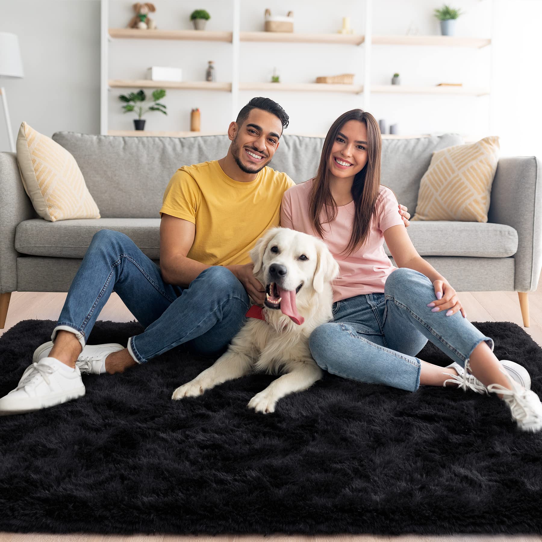 Noahas Fluffy Black 6x9 Area Rugs - Ultra Soft Shaggy Plush Carpet for Living Room, Bedroom, Dorm - Thick Non-Slip Large Rug for Home Decor, Cozy Floor Mat - Perfect for Family Rooms, Nursery & Pet-Friendly Spaces