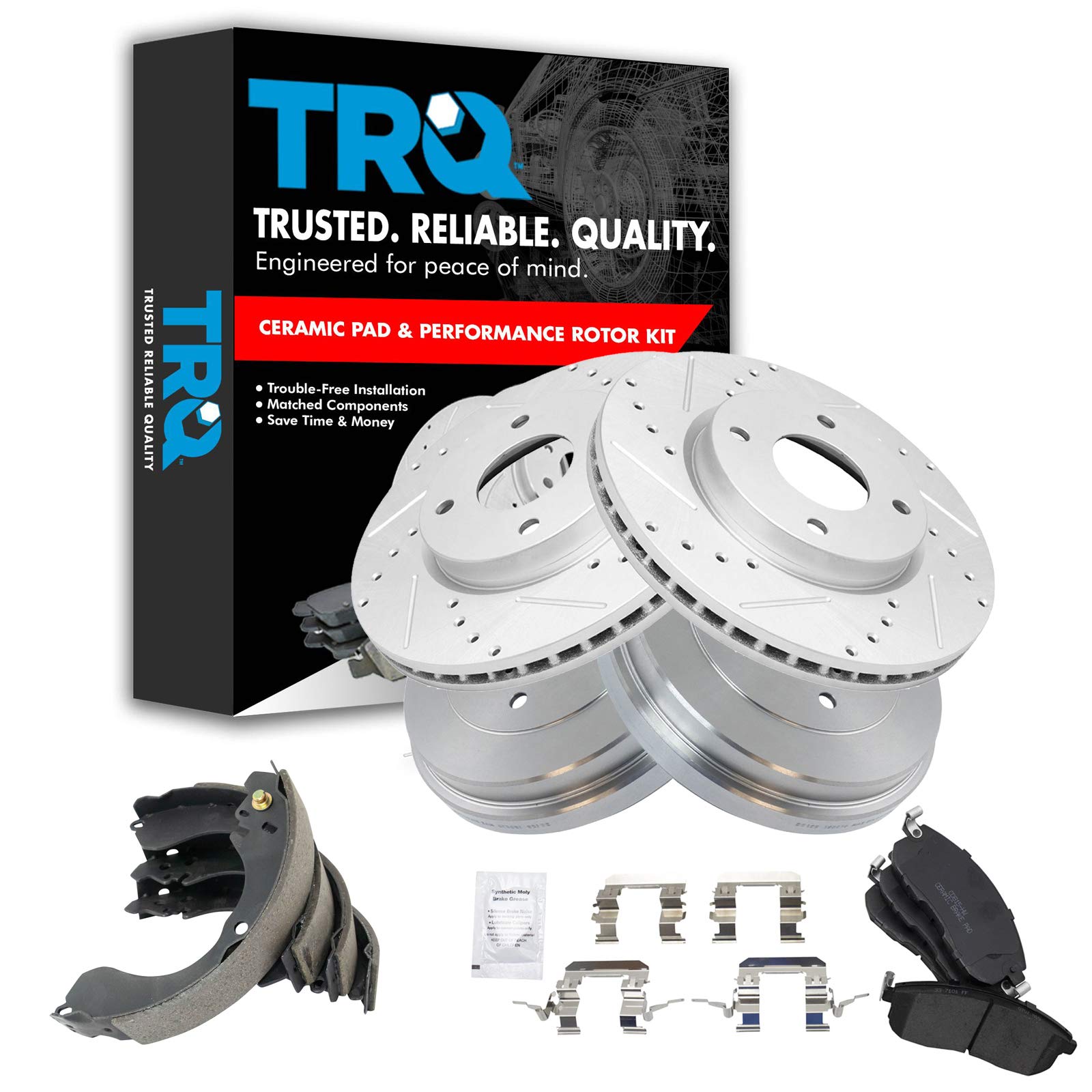 TRQ Front & Rear Posi Ceramic Disc Brake Pads & Rotors Kit for Nissan Altima Maxima Sentra - High Performance Braking System for Daily Commute & Highway Driving