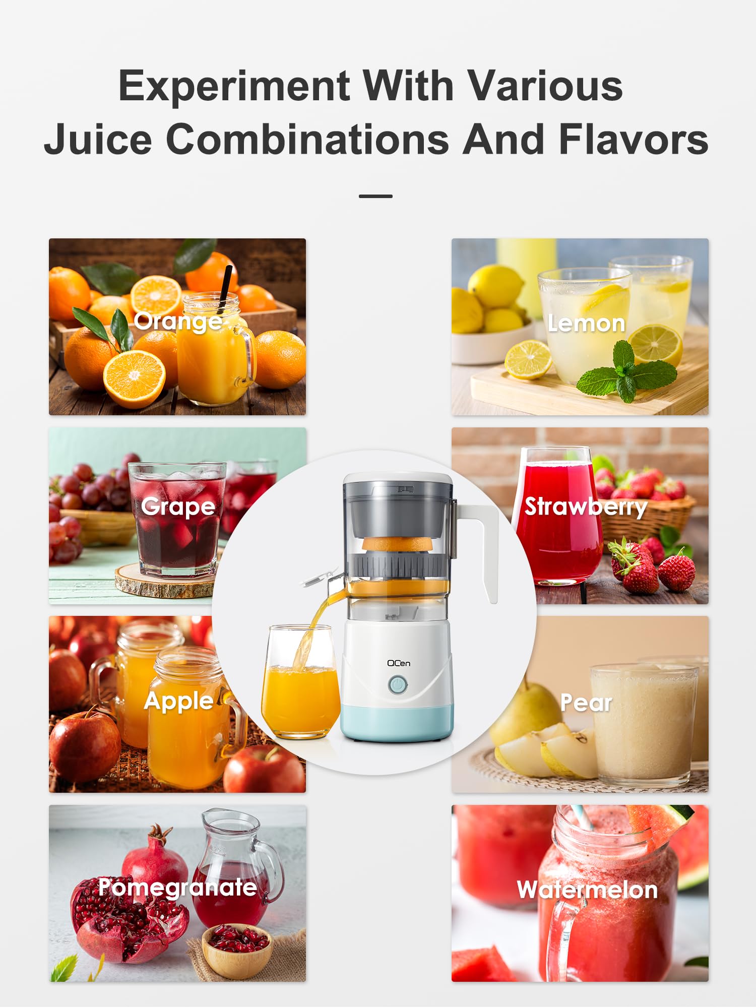 QCen Electric Citrus Juicer - Portable Orange, Lemon & Grapefruit Squeezer with One-Touch Operation, Easy to Use & Clean - Includes Cleaning Brush (White) - Perfect for Breakfast, Juice Bars & Healthy Home Cooking